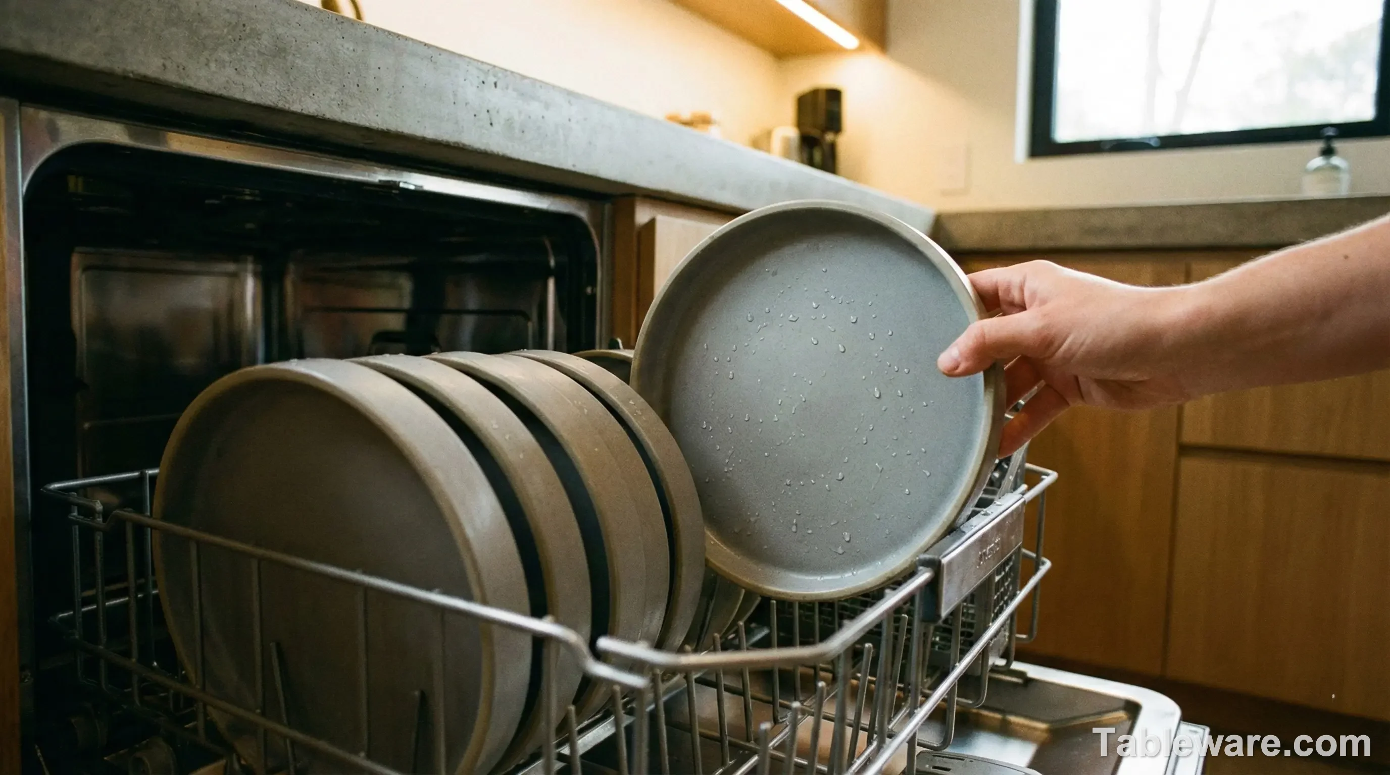 A stack of grey, matte stoneware plates showing signs of daily use next to a dishwasher.