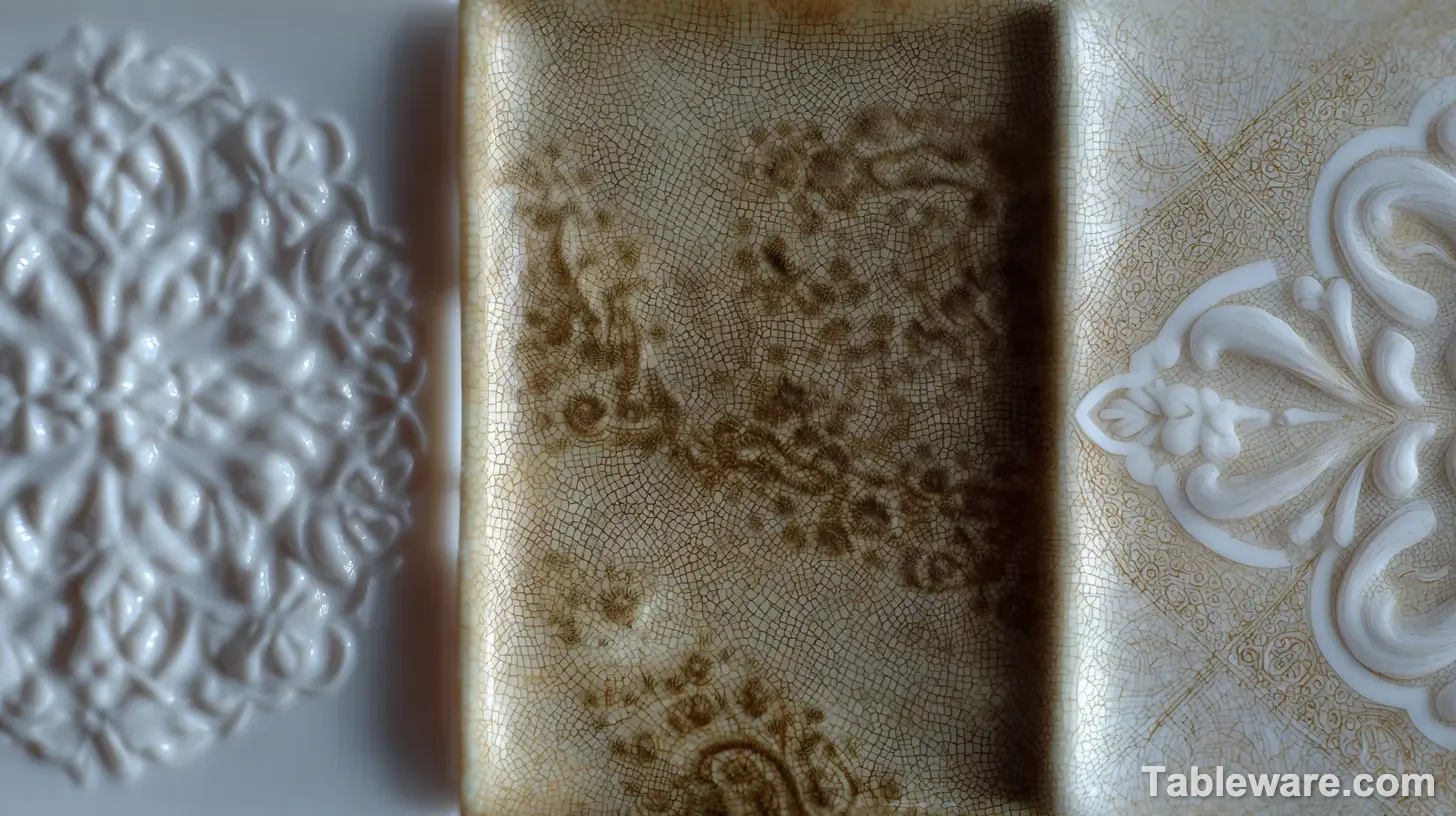 Close-up comparison of porcelain, bone china, and stoneware textures showing translucency, thickness, and glaze variation.