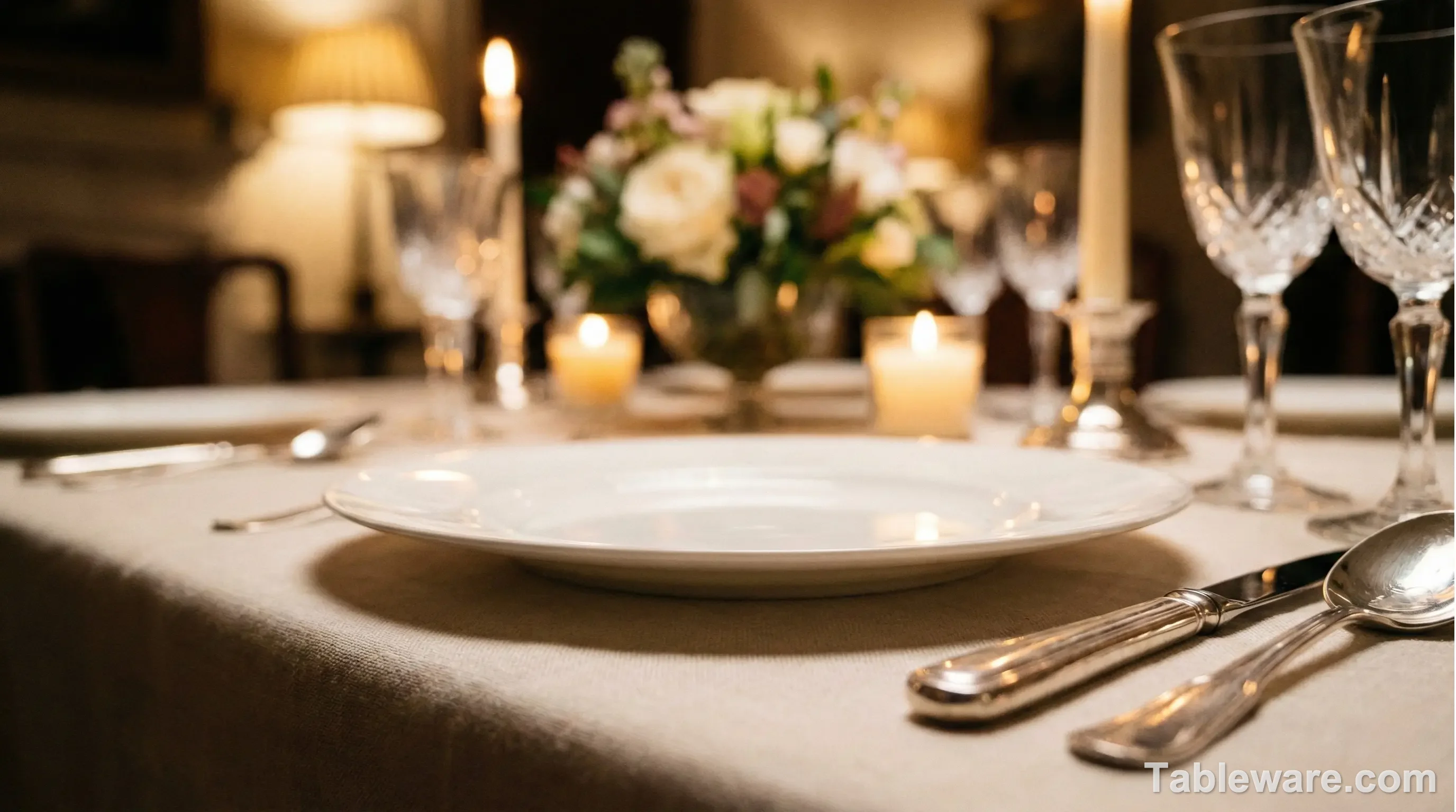 An elegant, formal table setting featuring translucent white bone china plates and polished silver cutlery.
