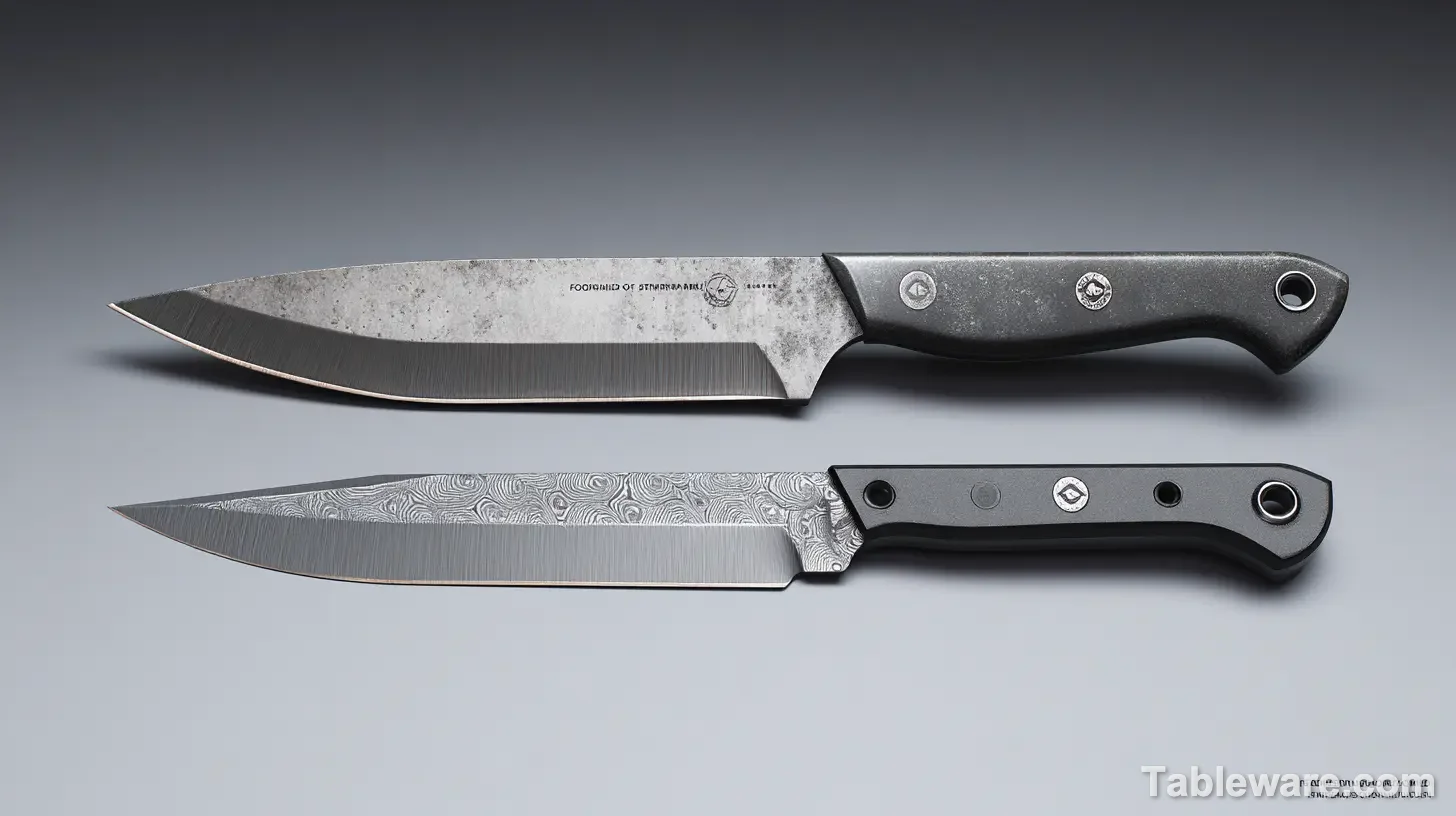 Side profile showing forged knife with thick spine compared to thinner stamped knife.