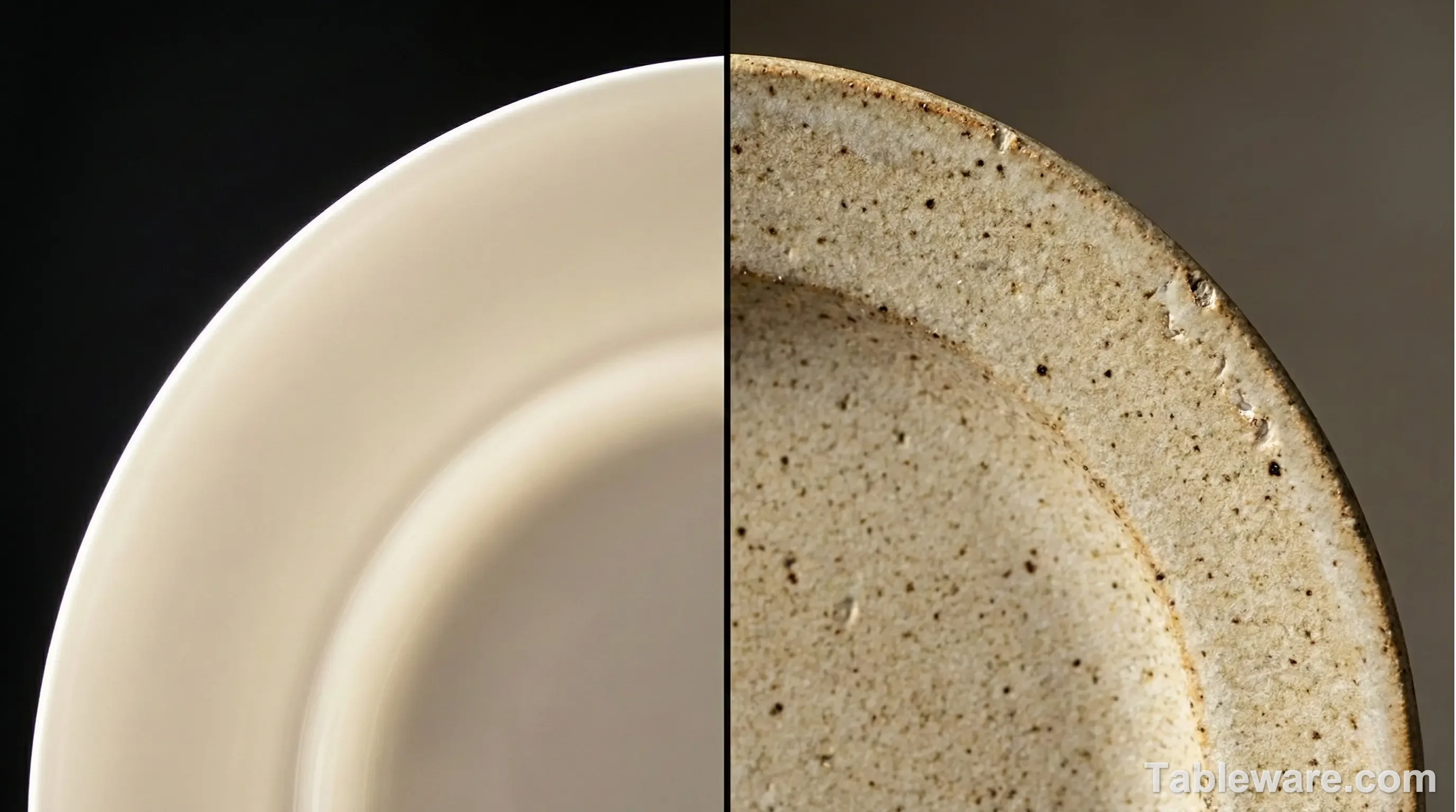 Close-up comparison showing the translucent thin edge of bone china versus the thick, textured, and earthy edge of stoneware.