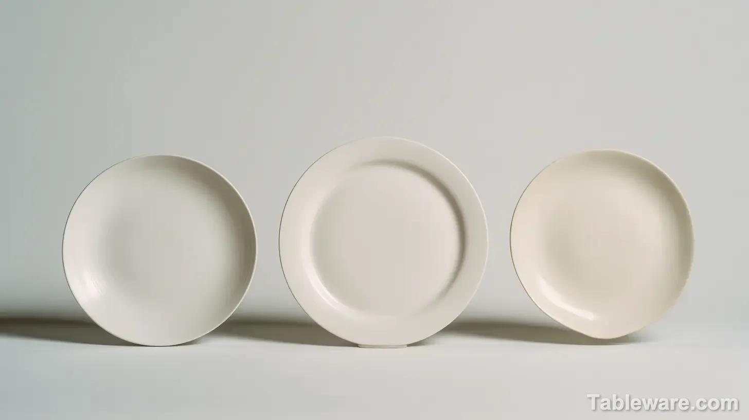 Side profile comparison of rimmed plate, coupe plate, and organic irregular plate.