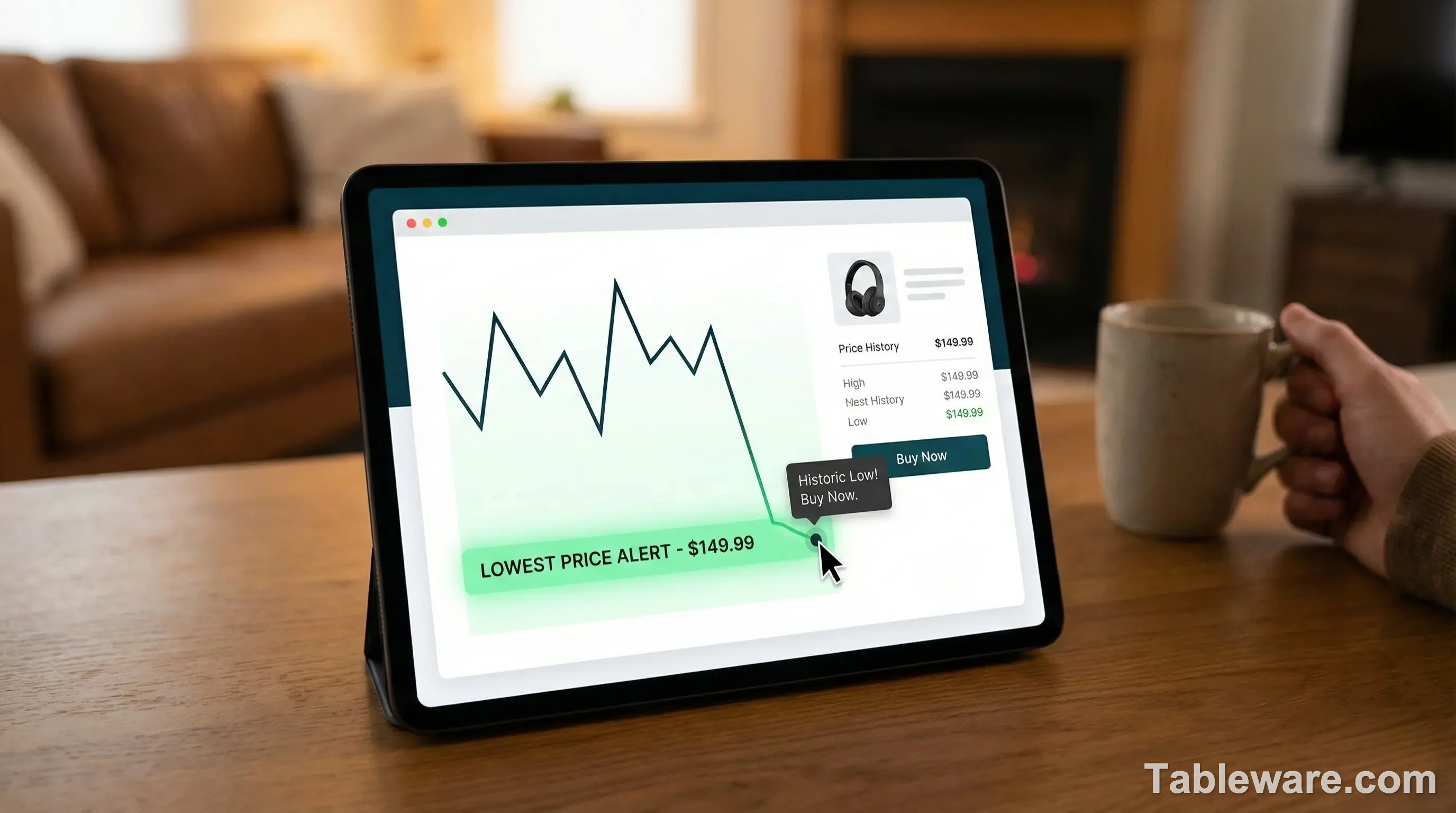 A laptop screen showing a price history graph with a sharp dip indicating a sale.