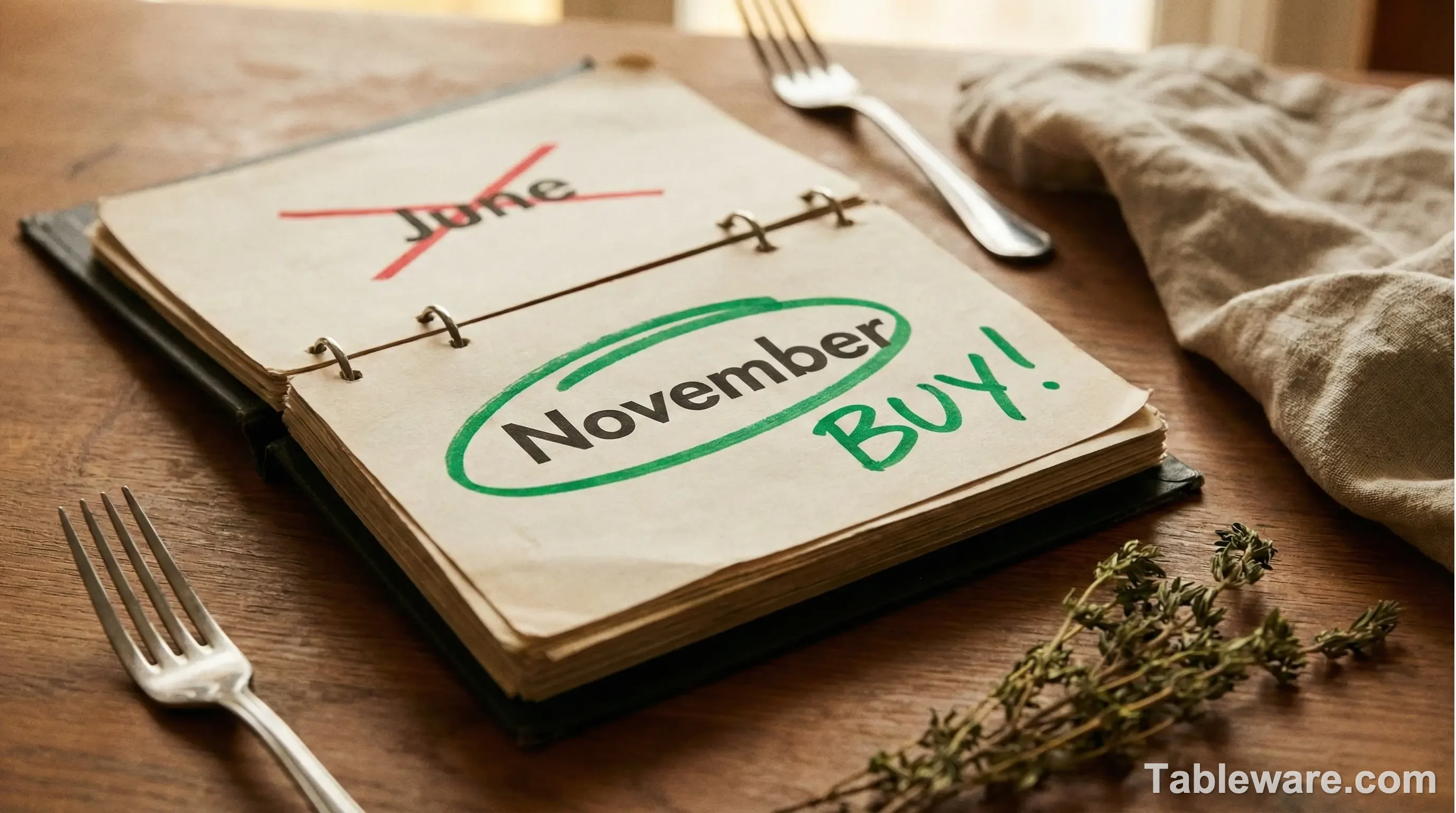 A calendar infographic highlighting November and January as 'Green' buy zones and June as a 'Red' expensive zone.