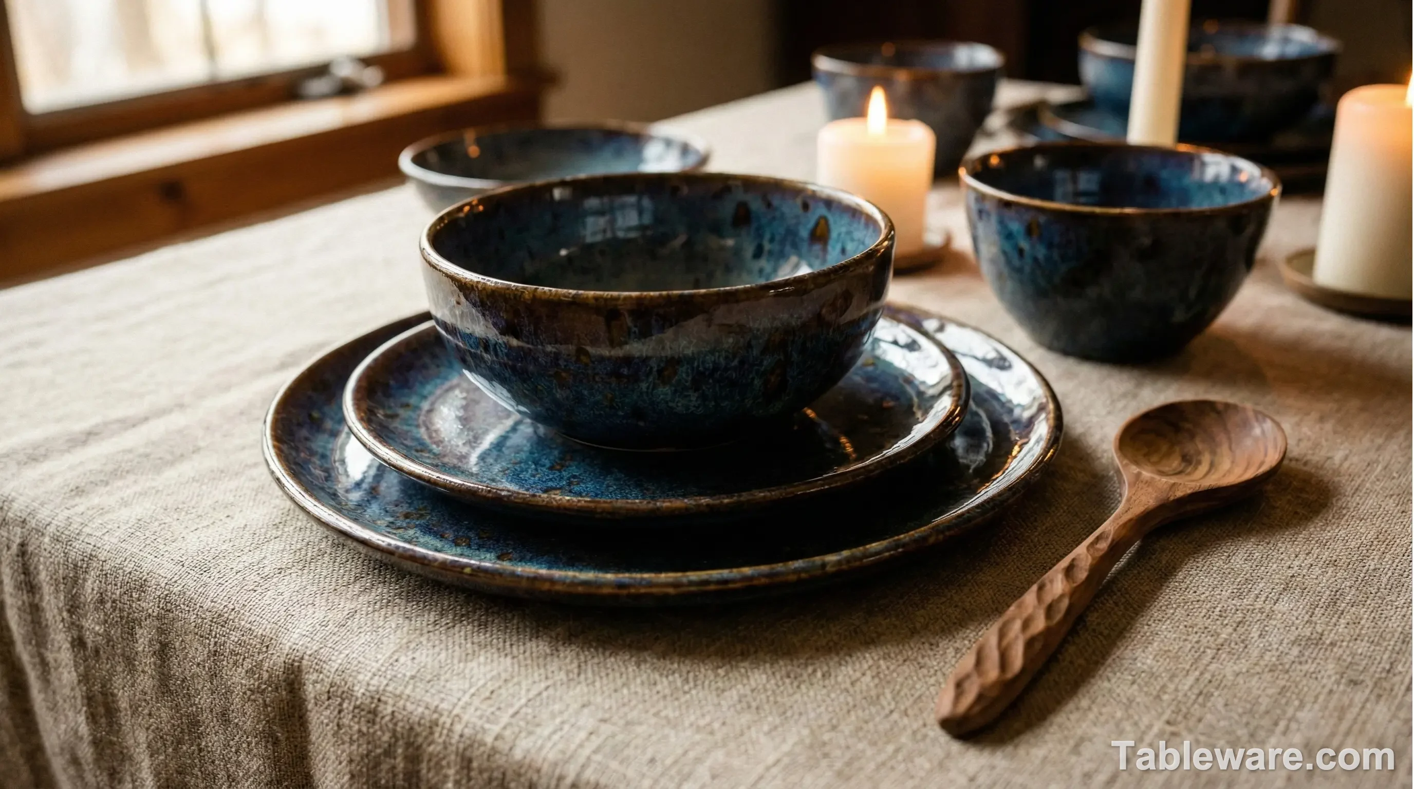 A rustic, artisanal stoneware setting with reactive glaze.