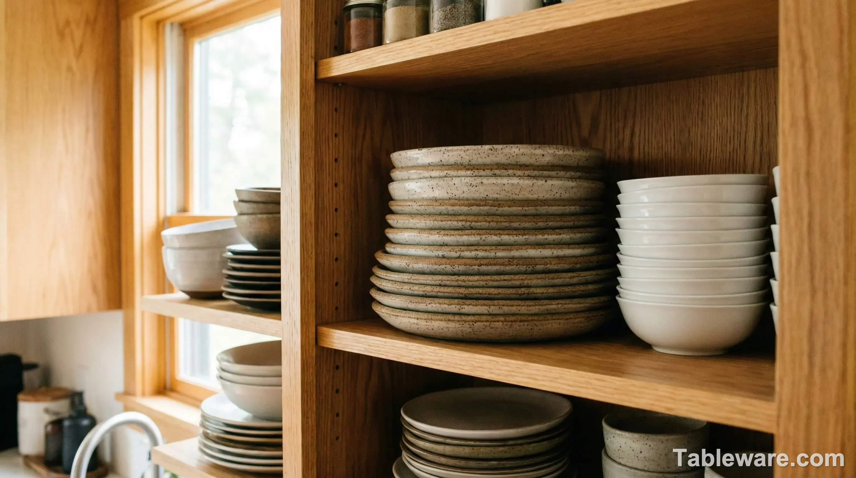 A well-organized kitchen cabinet showing neat stacks of stoneware plates and bowls, demonstrating efficient use of vertical space.