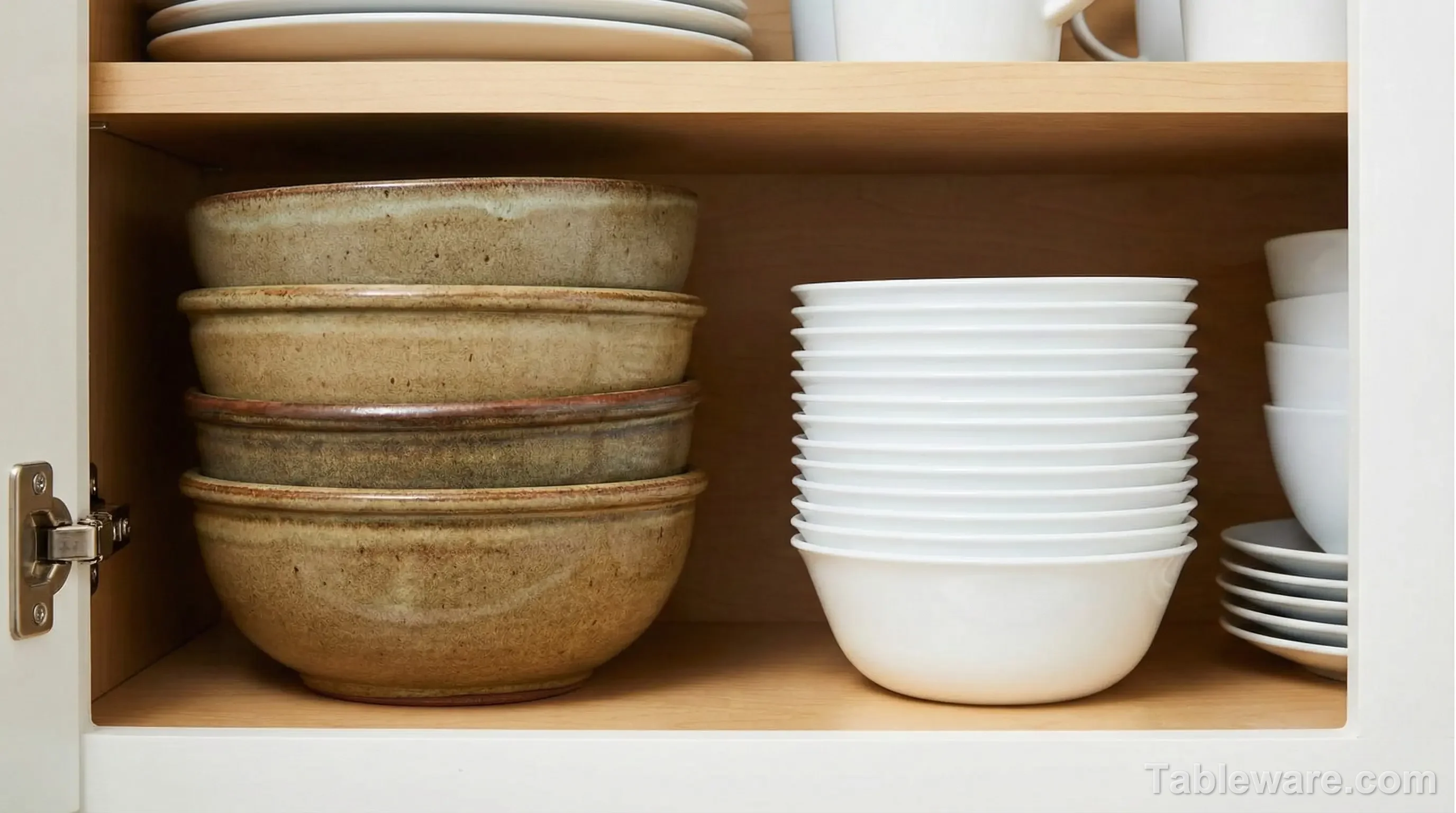 Thin Vitrelle plates stacked compactly in a kitchen cupboard.