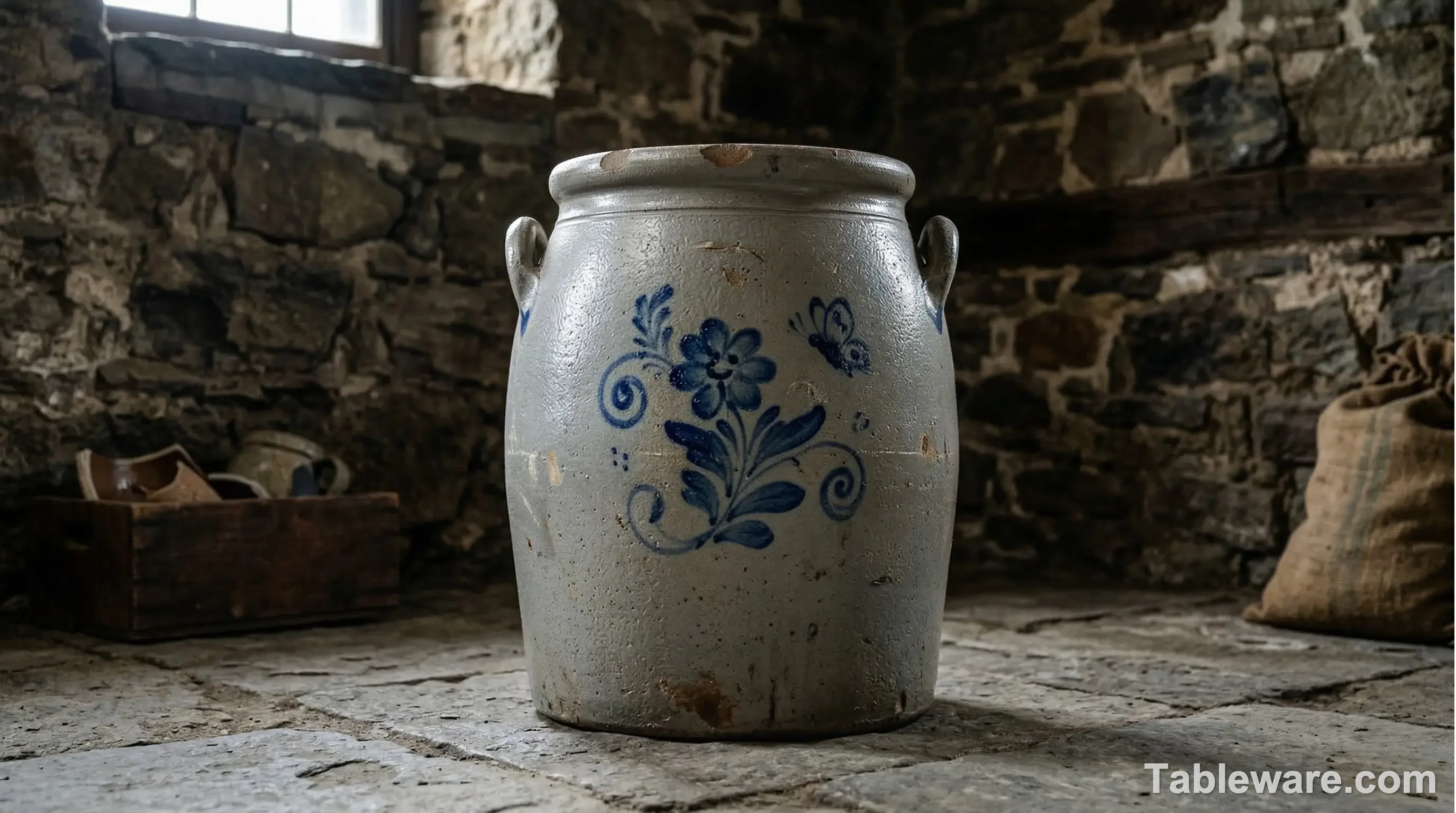 A vintage, slightly rugged salt-glazed stoneware crock featuring classic cobalt blue hand-painted floral decoration against a textured orange-peel grey background.