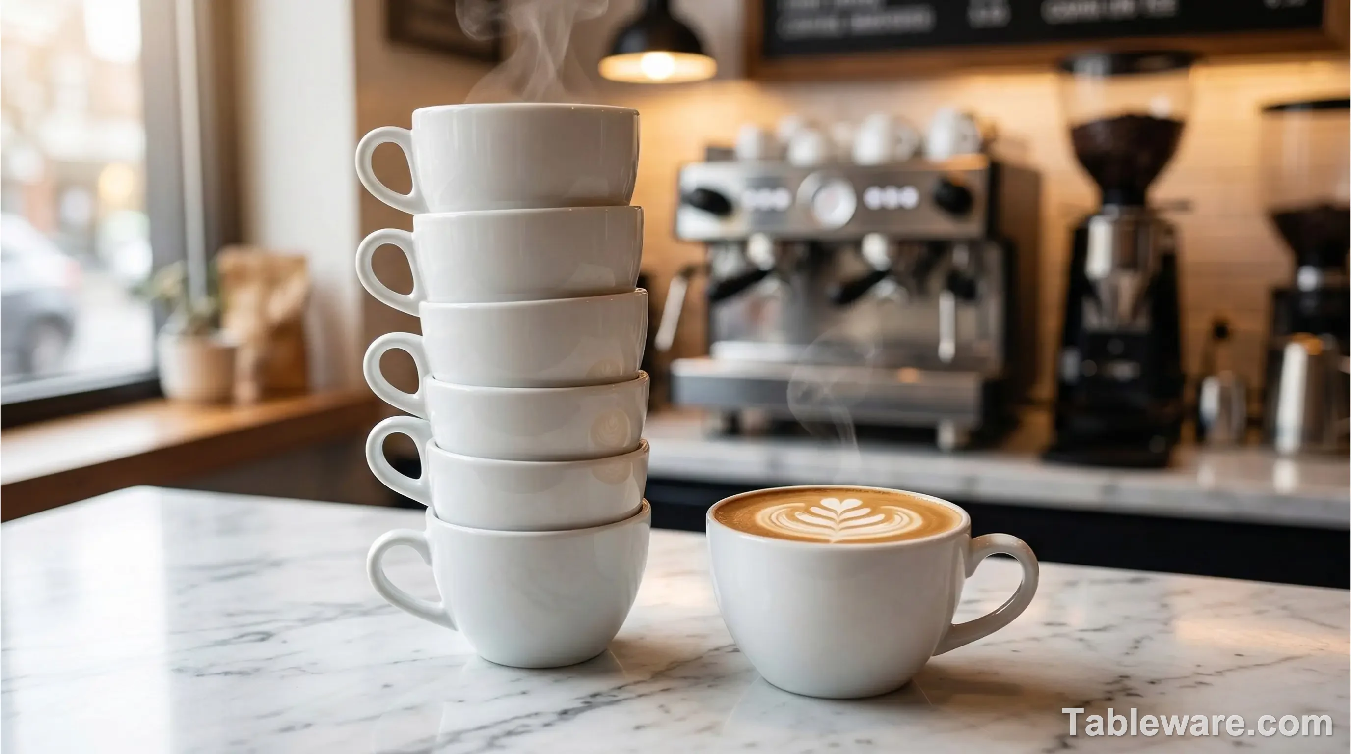 Perfectly stacked, thick-walled barista-grade porcelain coffee cups on a cafe counter.