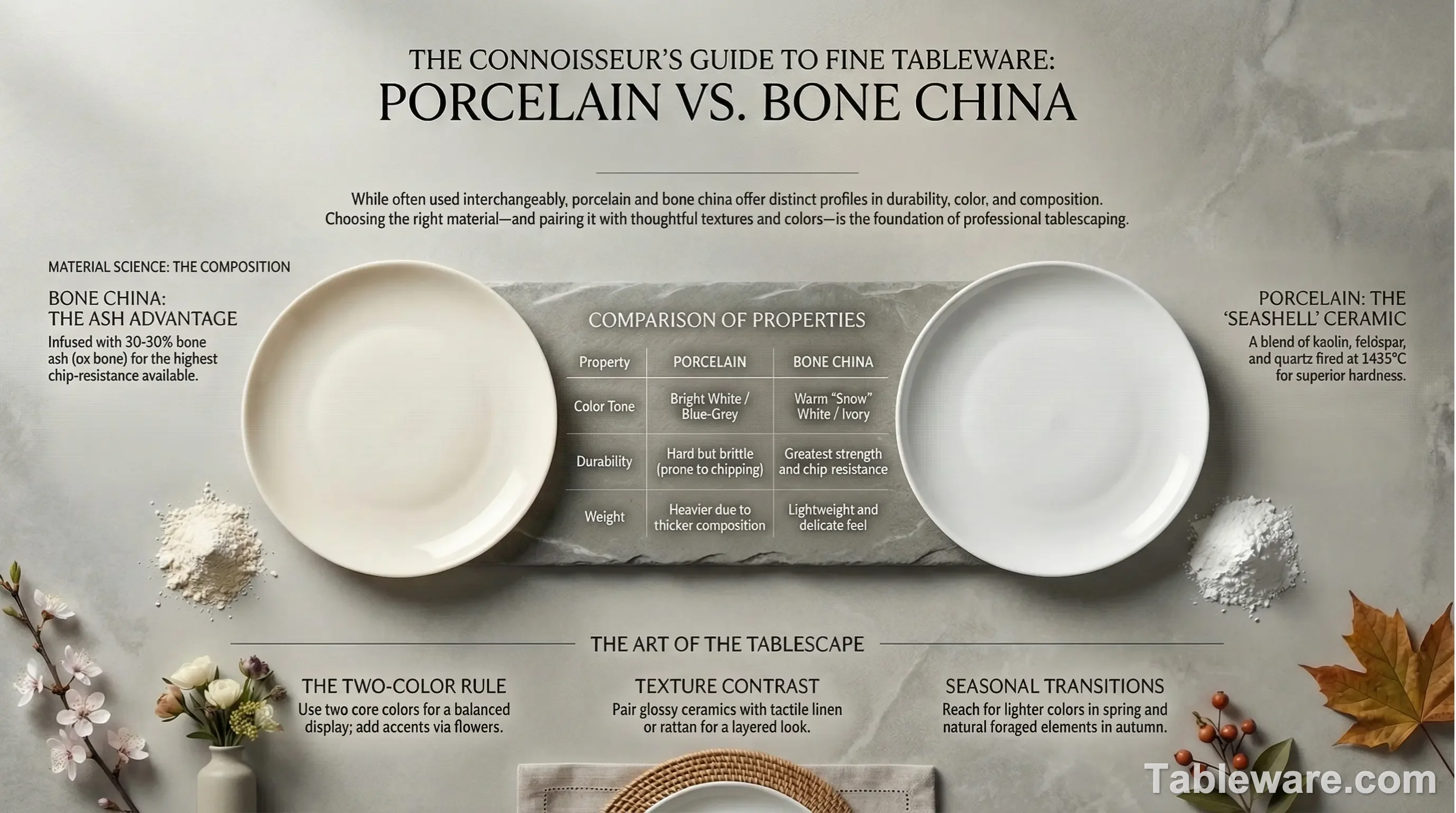 A macro shot of raw kaolin clay versus processed bone ash powder.