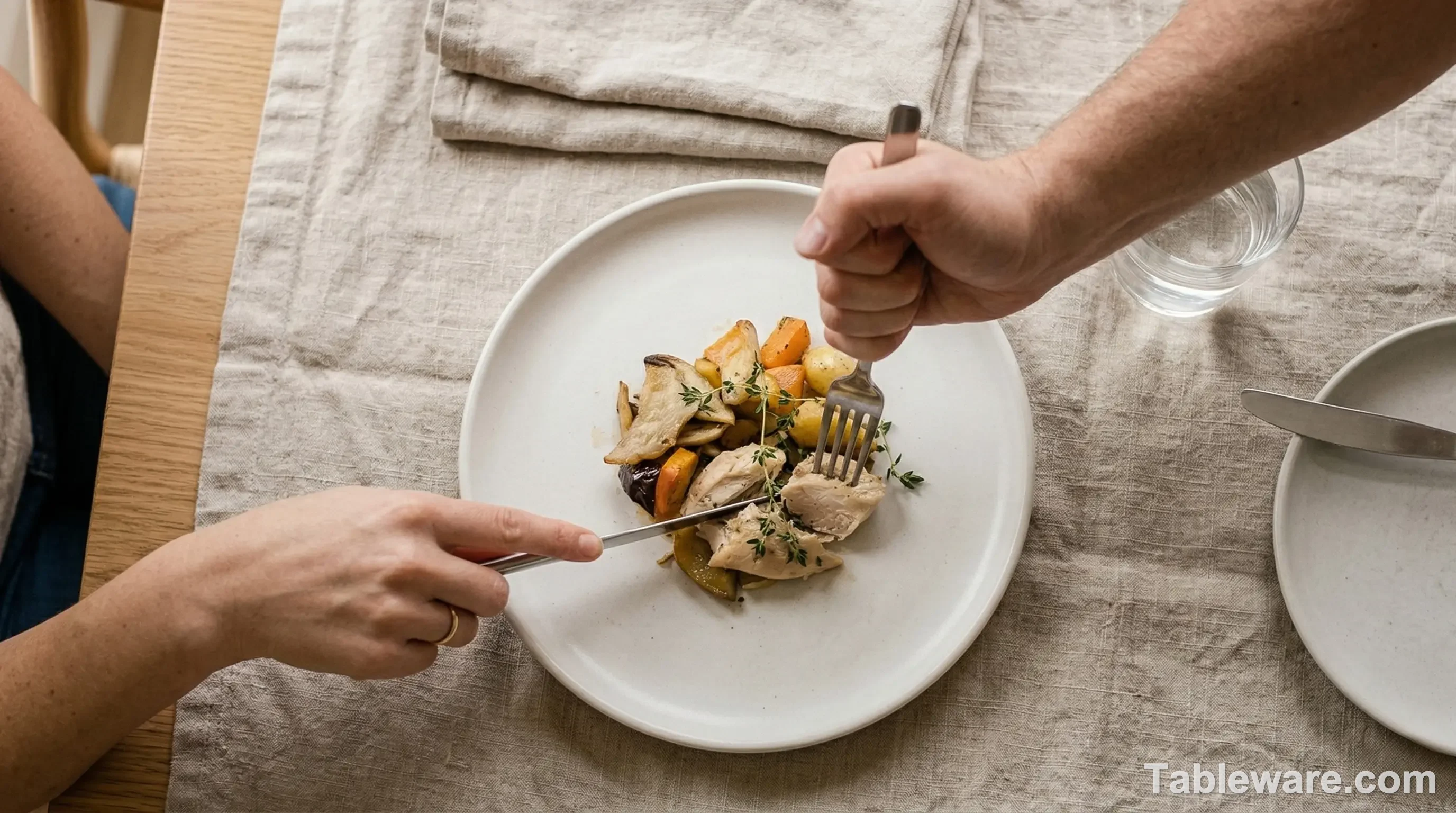 A naturally lit photograph of two hands above a matte white plate. The hand on the left holds a fork gracefully while cutting, showing comfort. The hand on the right grips a fork in a tight, awkward fist, looking tense.