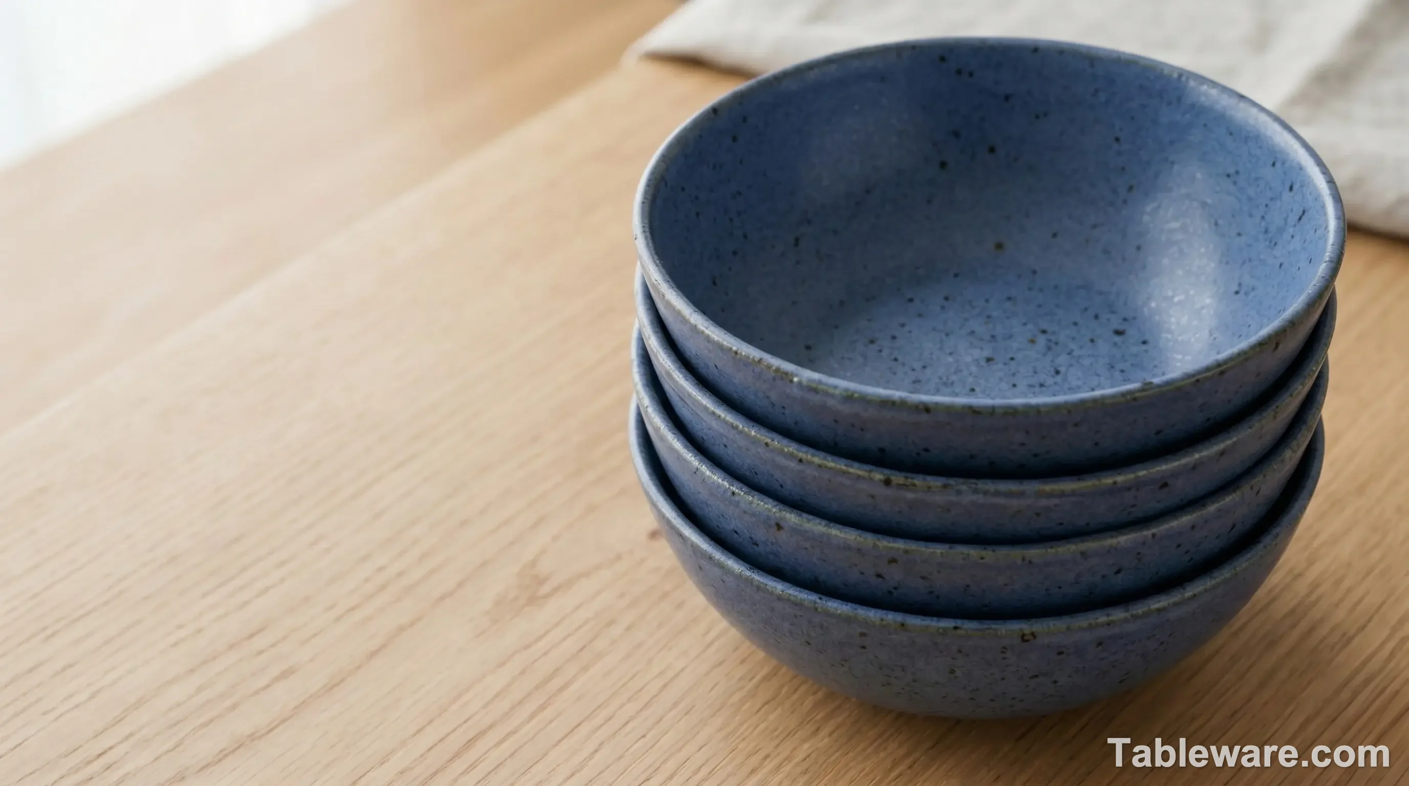 A stack of modern Mino-yaki porcelain bowls with a minimalist blue glaze.
