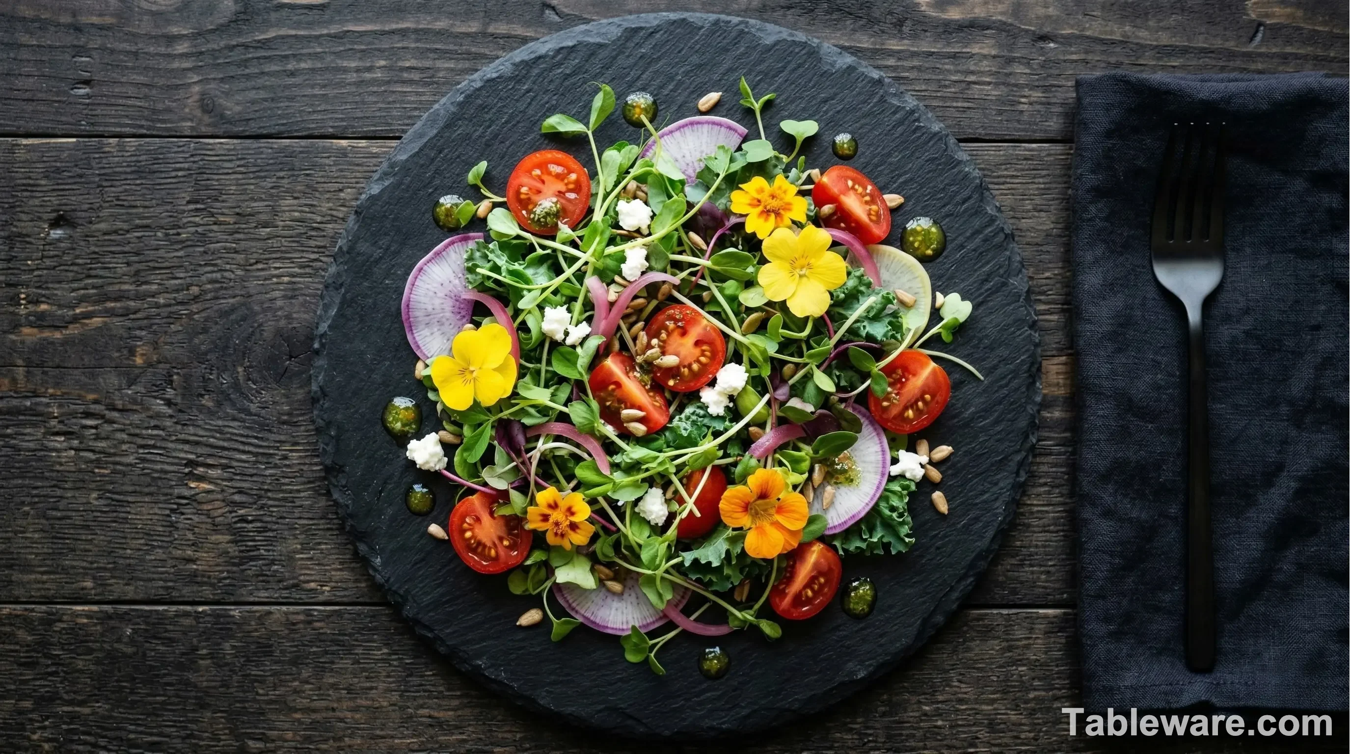 A vibrant salad plated on a modern, black matte slate-textured porcelain plate.