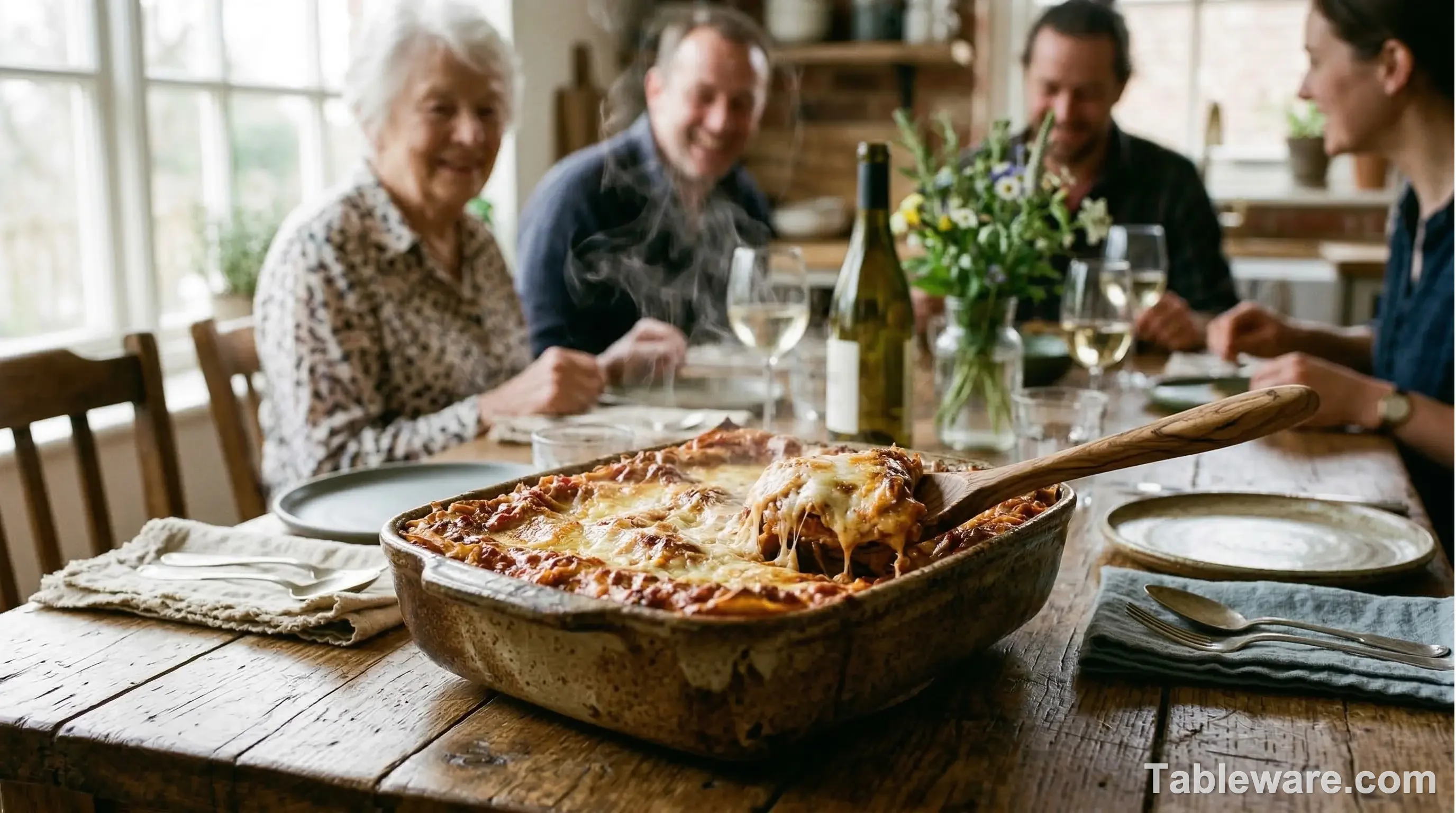 A freshly baked, bubbling lasagna sits in a deep, artisanal stoneware baking dish on a wooden dining table. Heat is visibly radiating from the dish.