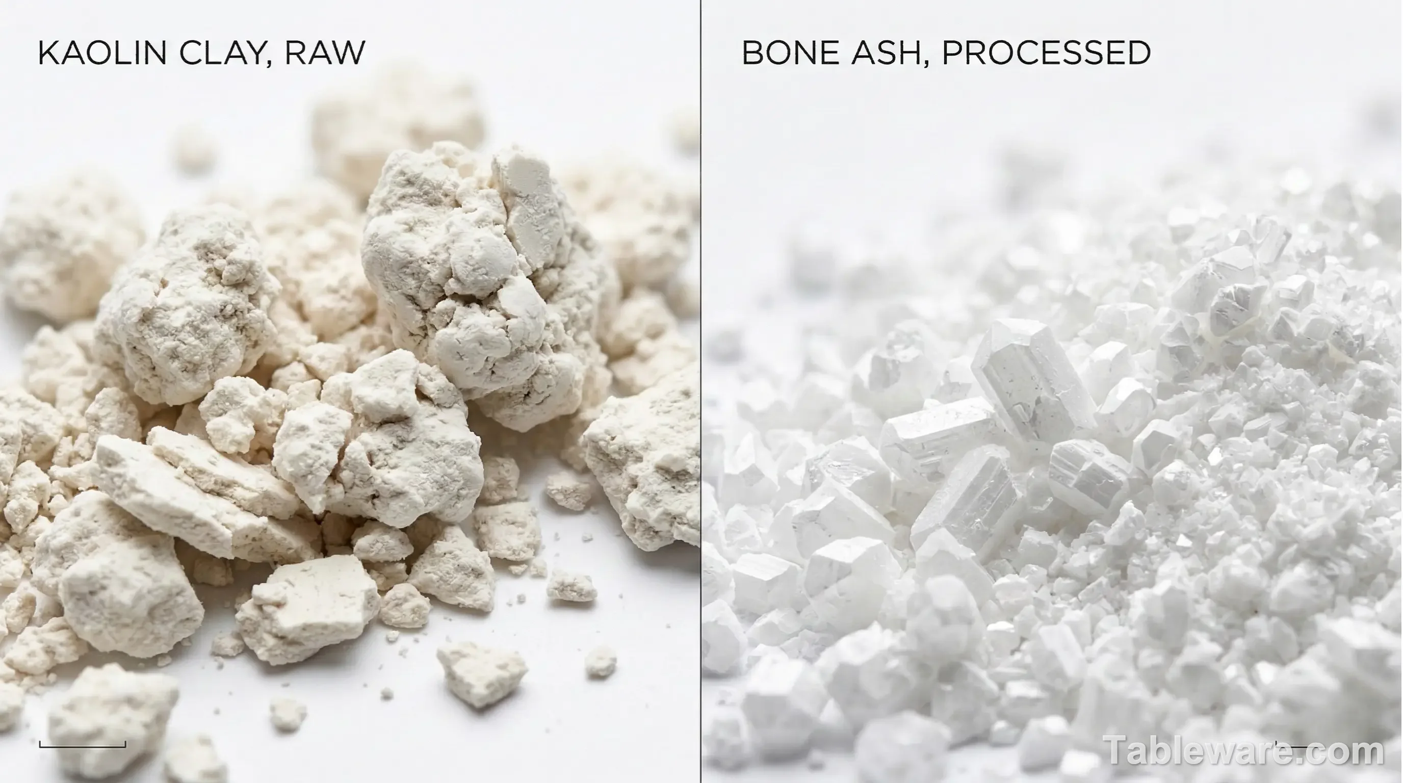 A macro shot of raw kaolin clay versus processed bone ash powder.