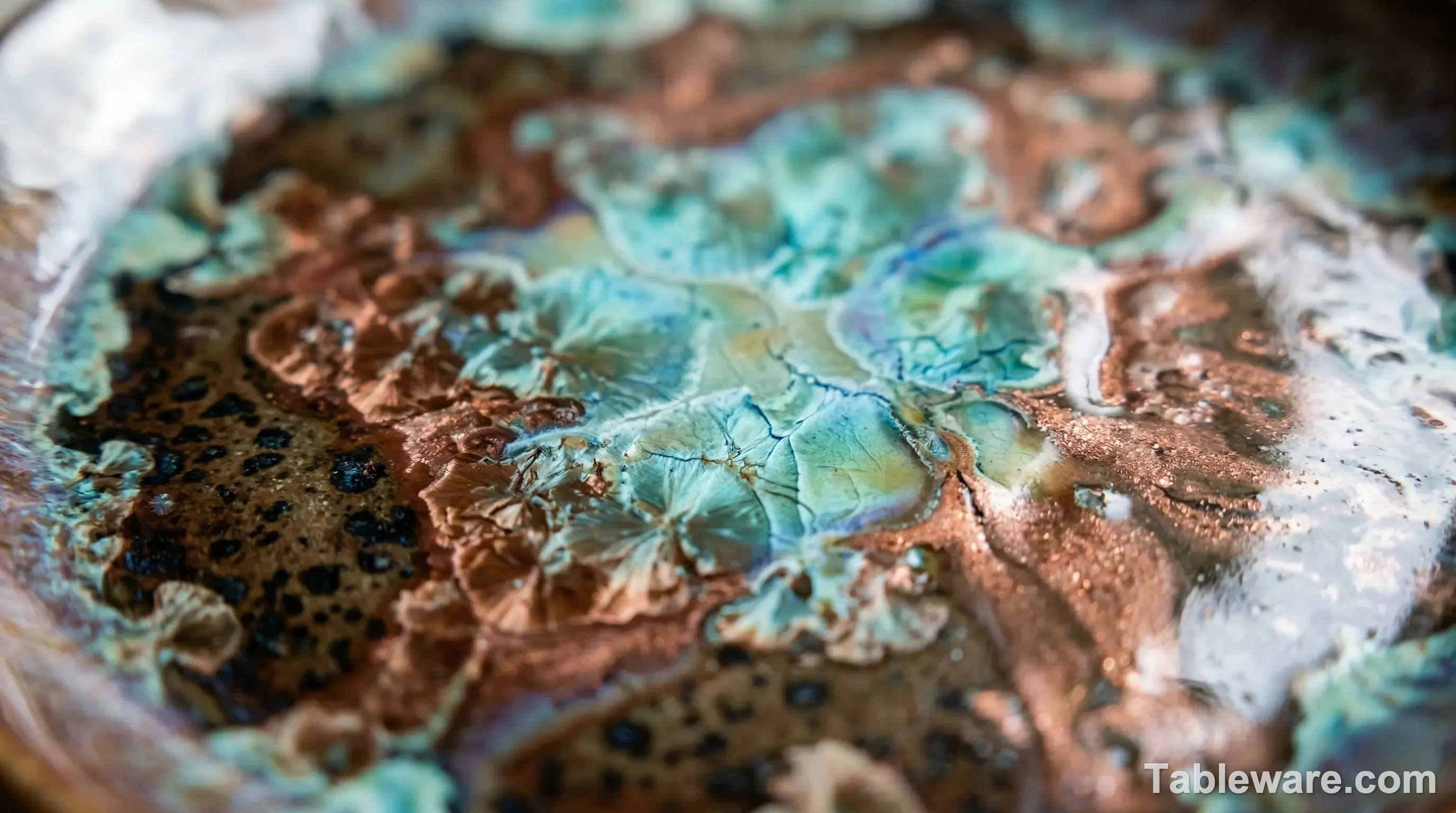 Macro photography showing the intricate, pooling crystalline patterns of a reactive glaze on a stoneware bowl.