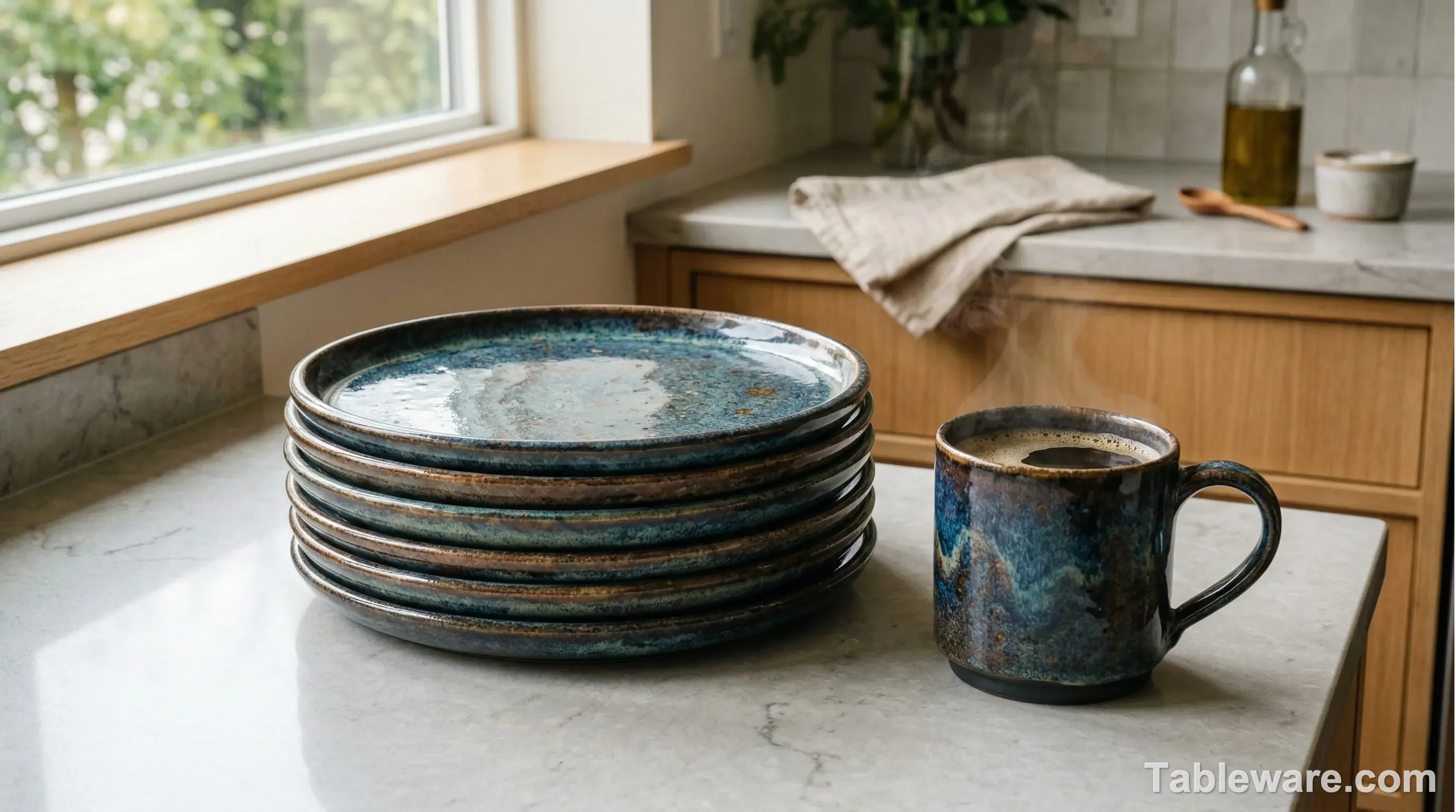A stack of thick, durable stoneware plates featuring speckled reactive glazes.