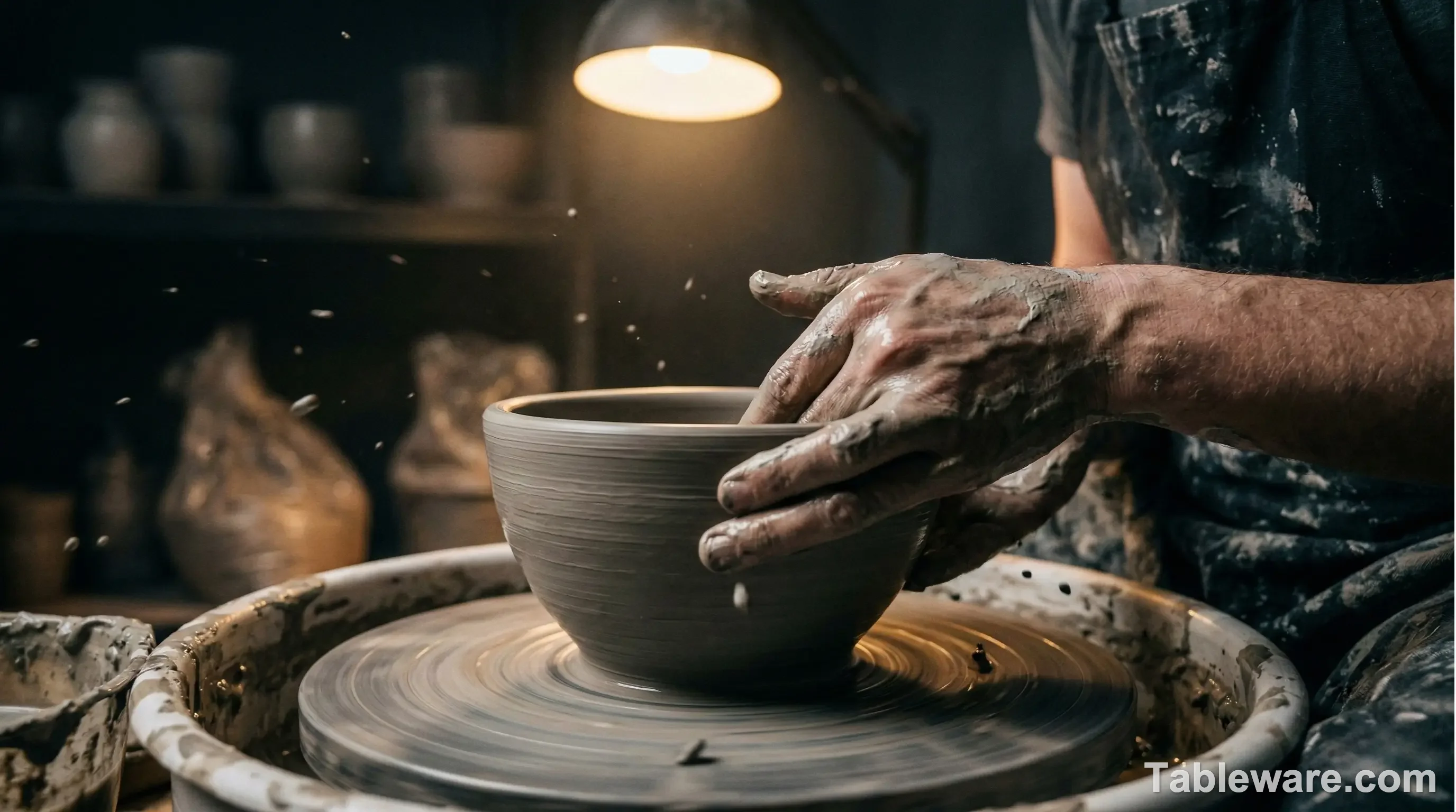 A potter's hands expertly shaping thick wet clay on a spinning pottery wheel.