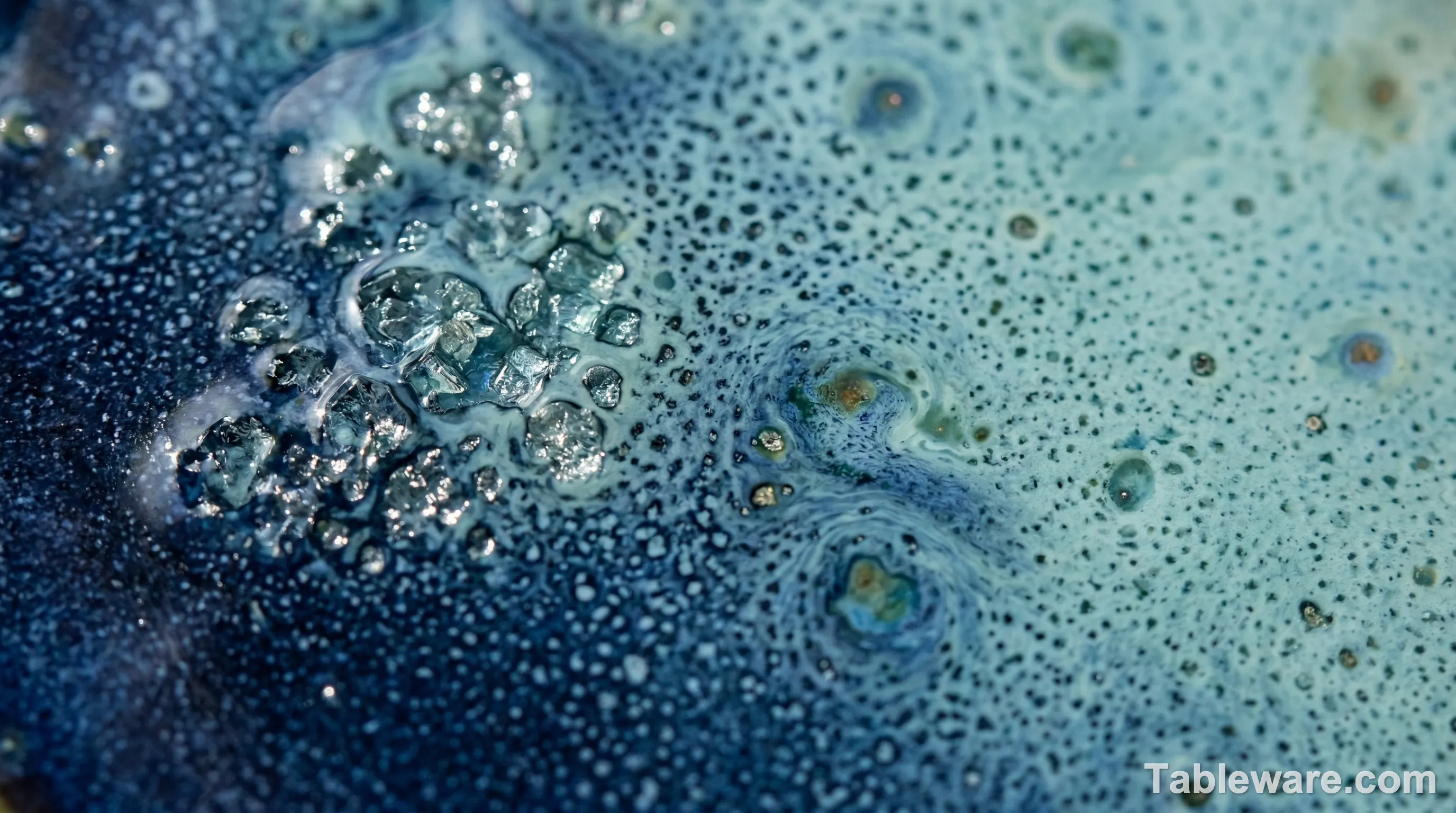 Extreme close-up of reactive glaze showing crystalline structures and color pooling.