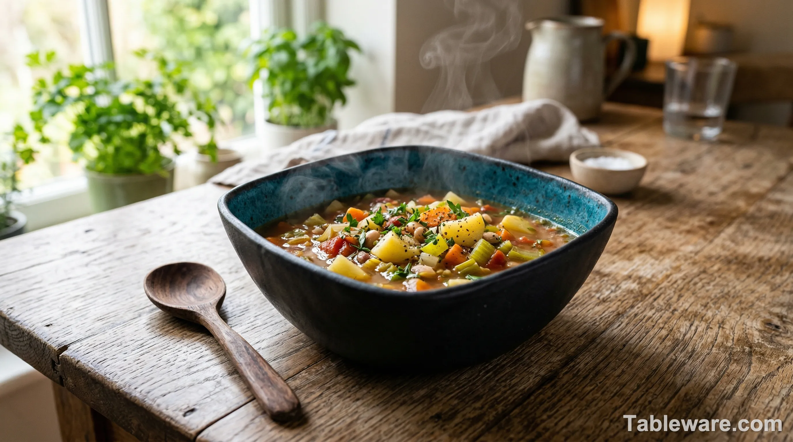 A deep Gibson stoneware bowl filled with steaming soup, resting on a rustic wooden table.