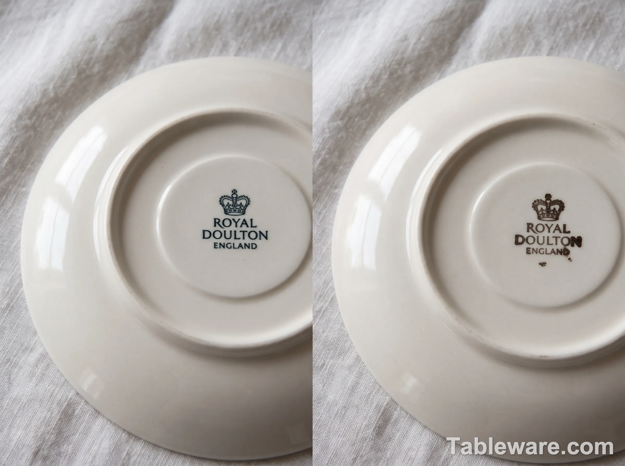Comparison photograph of a genuine vintage Royal Doulton back stamp and a fake reproduction next to each other on the bottom of two identical-looking saucers