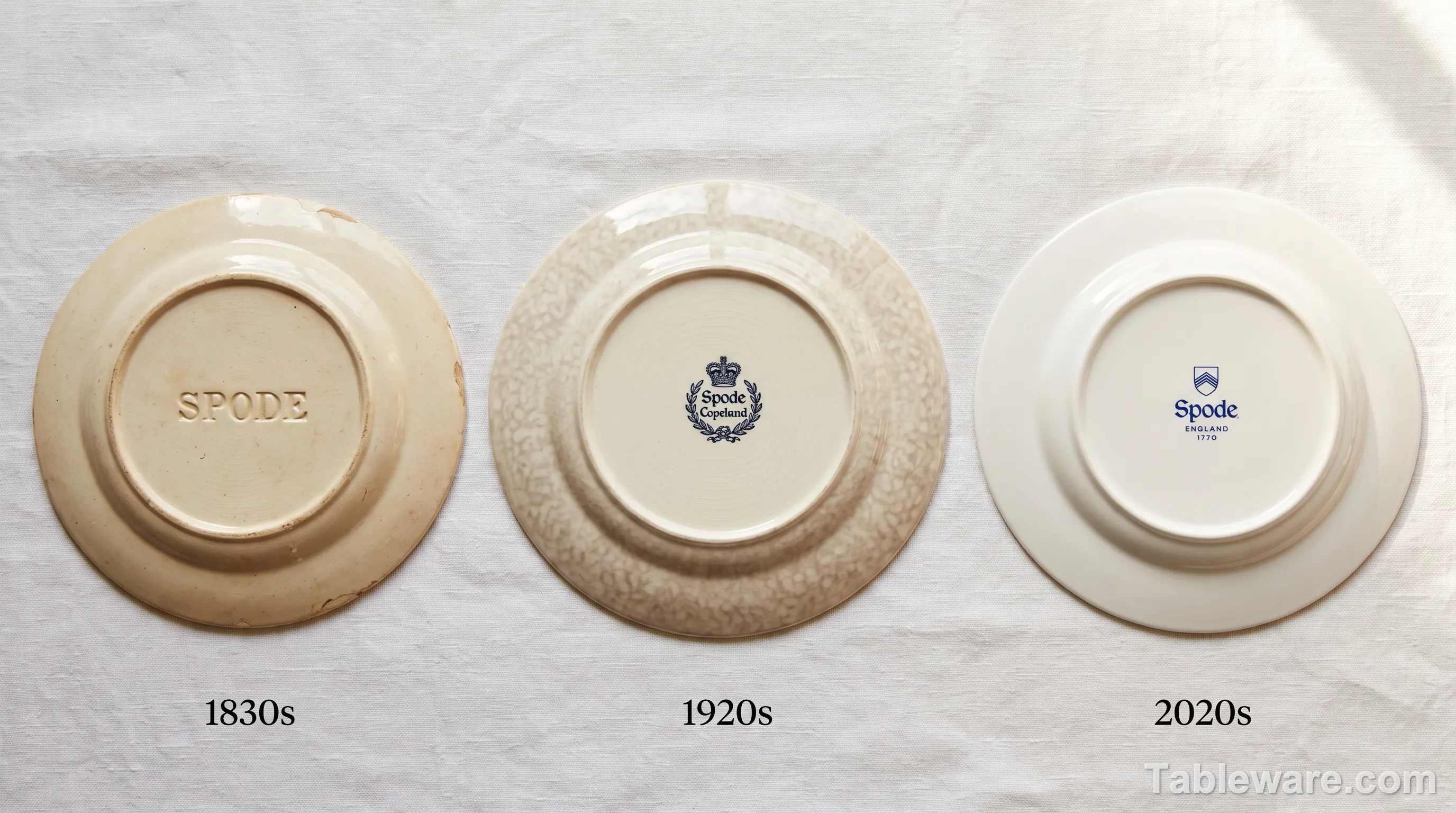 Three Spode china pieces showing the evolution of back stamps across centuries