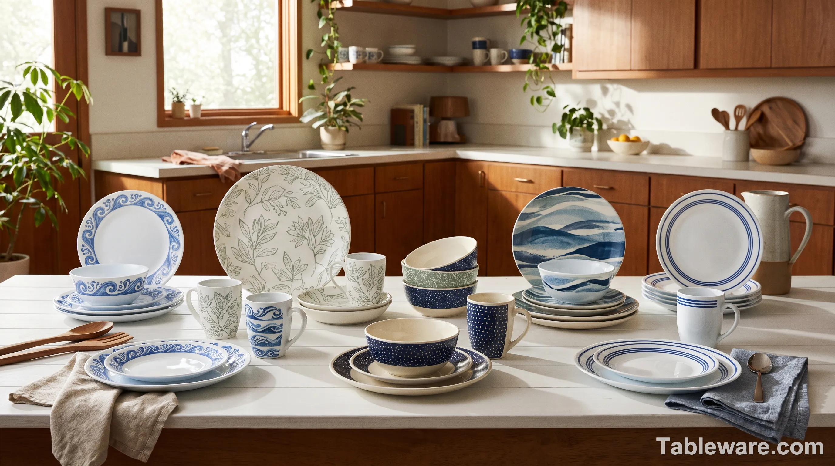 Editorial photograph of the 2026 Corelle patterns collection: Portofino, Bella Faenza, Indigo Speckle, Rolling Waves, and Darlington, arranged in a wide lineup on a white wood table to show pattern variety.