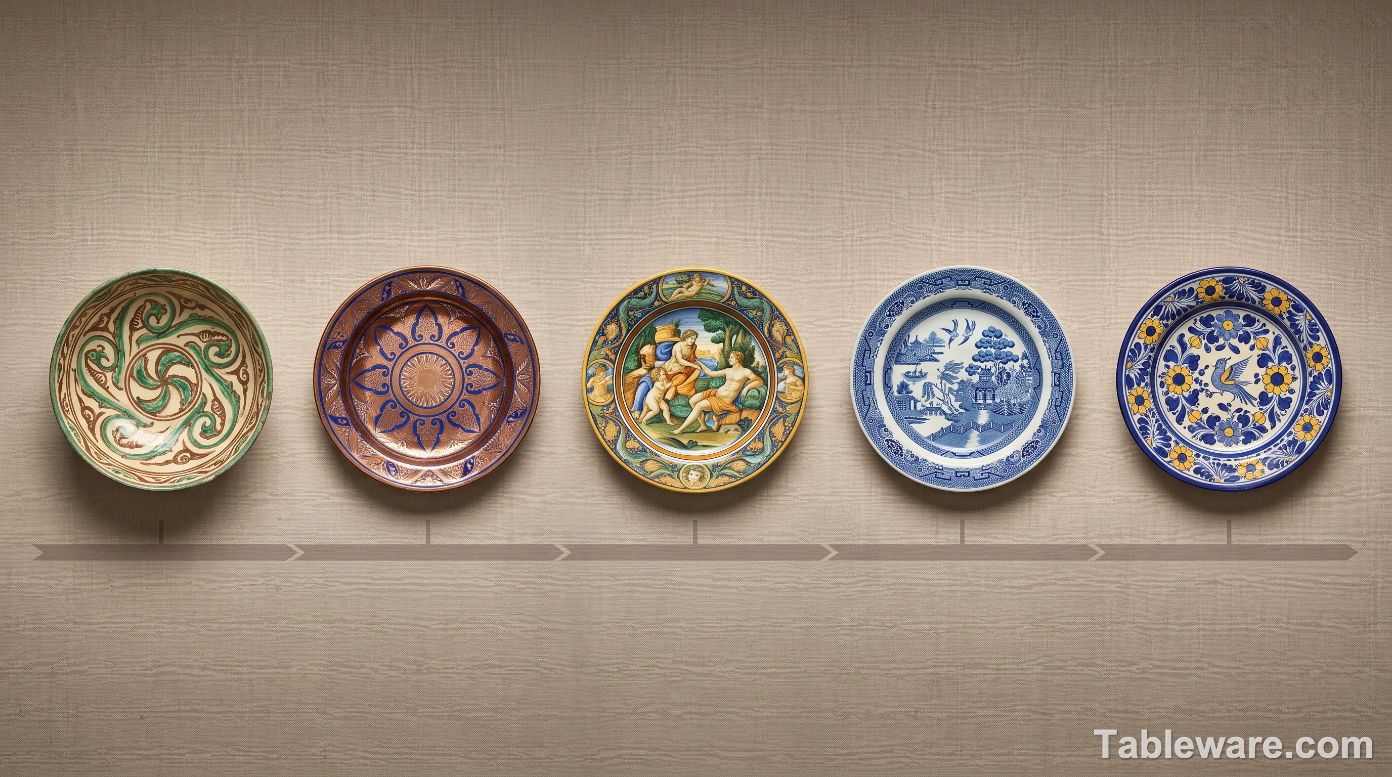 A horizontal timeline image showing tin-glazed pottery traditions from 9th century Abbasid Iraq, through 13th century Iberia, to 15th century Italian maiolica, 17th century Dutch delft, and 16th century onward Mexican Talavera