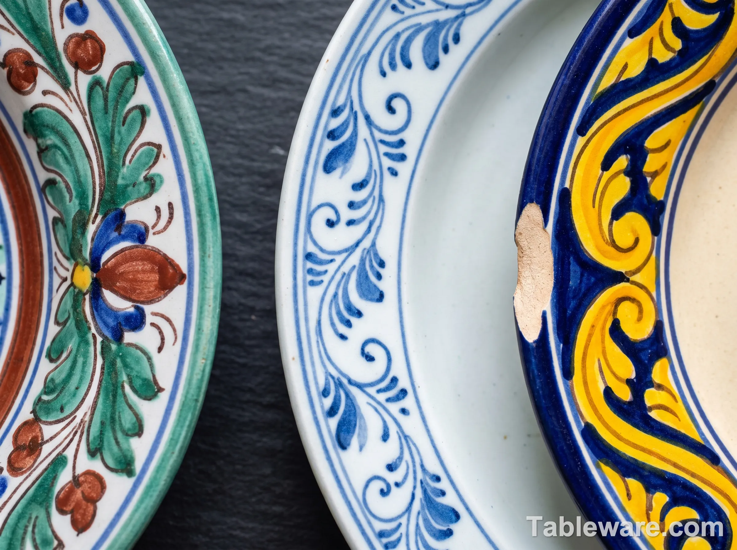 A close-up comparison image of three different tin-glazed plate rims showing the visual differences in color palette: Italian maiolica in polychrome, Dutch delftware in single cobalt blue, and Mexican Talavera in vivid yellow and blue with warm cream background