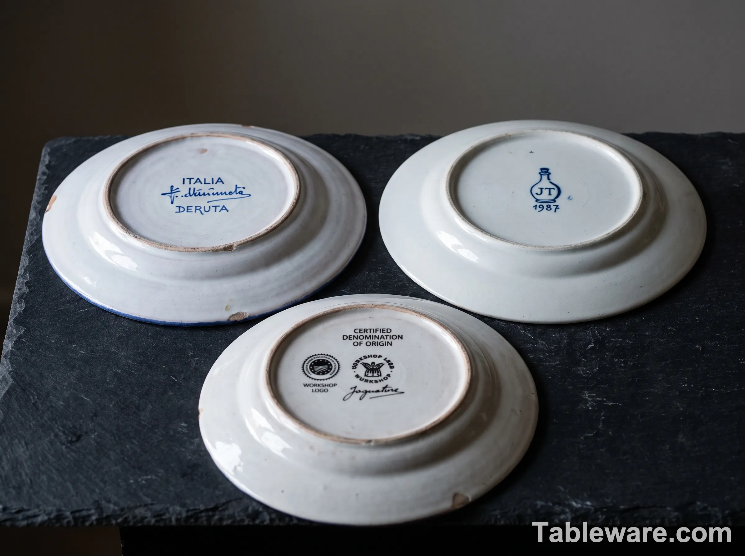 Three plate undersides arranged in a triangle on dark slate showing distinct backstamps: an Italian artist signature in cobalt blue, a Royal Delft factory mark of a stylized pottery bottle, and a Mexican Talavera Denomination of Origin stamp