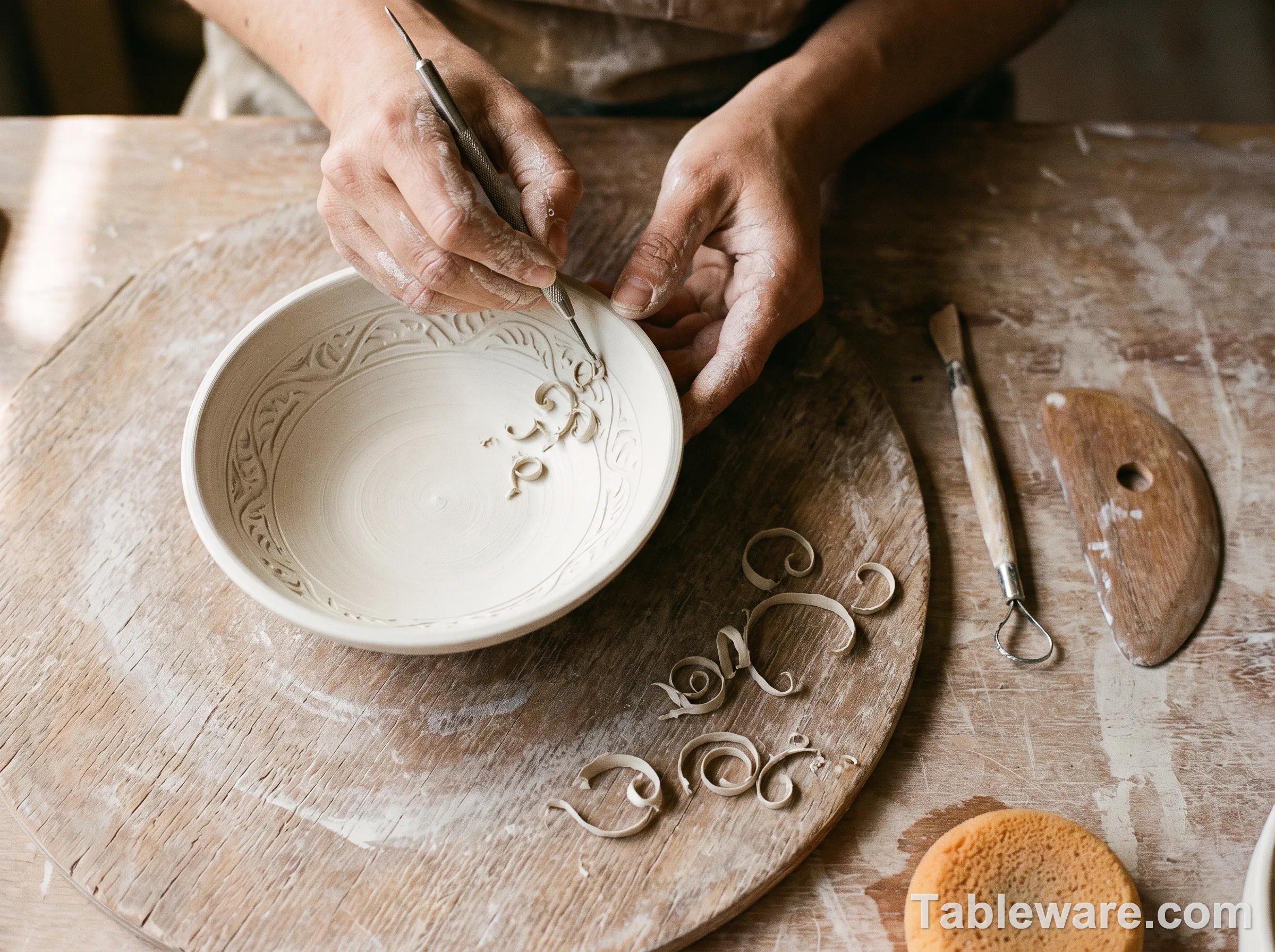 Top-down view of a potter's hands carving a design into the slip layer of a leather-hard bowl with a metal stylus, tiny slip curls visible