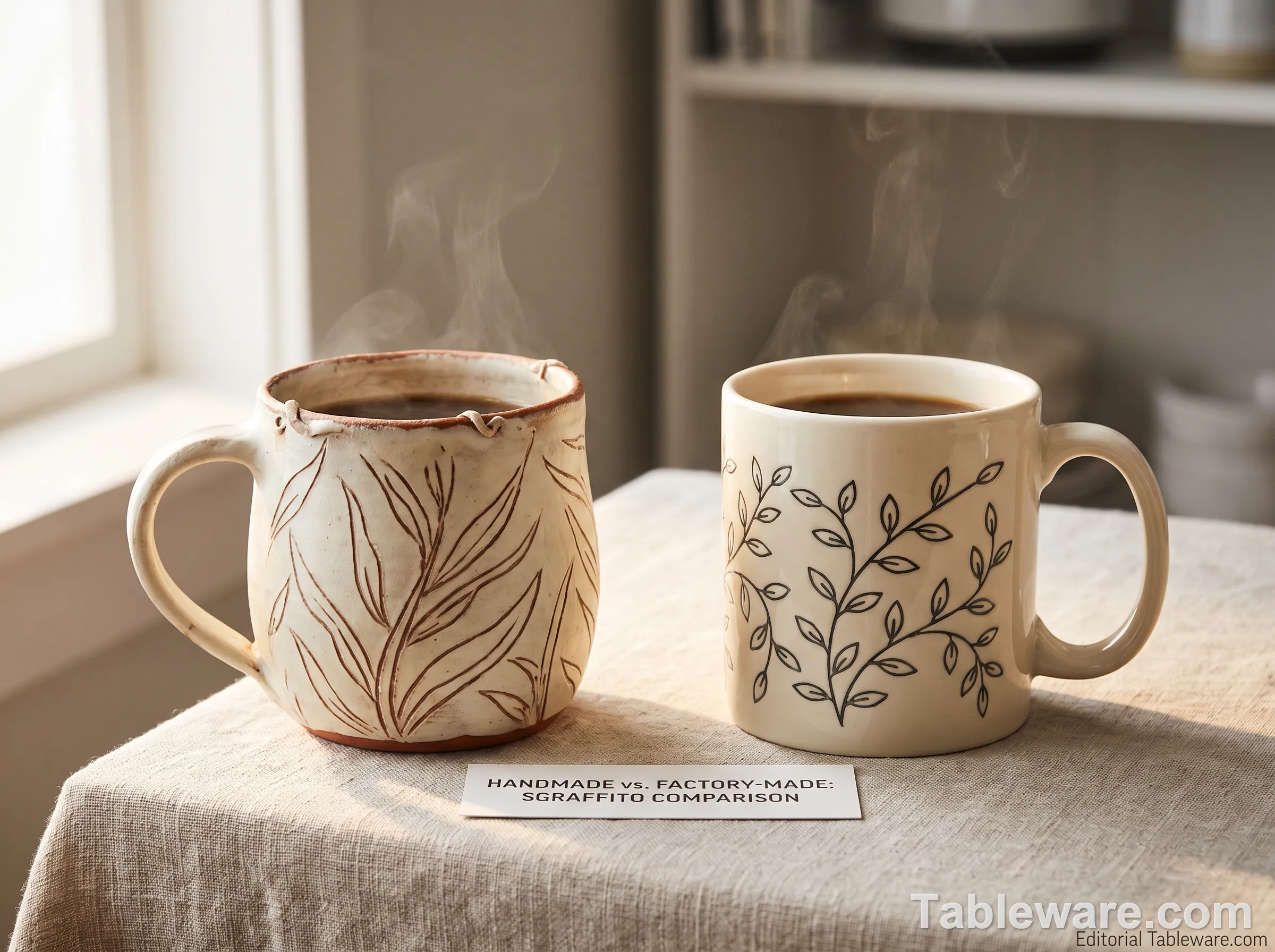 Two mugs side by side: left is a real handmade sgraffito mug with hand-carved botanical line showing tremor and depth, right is a factory mug with mechanically perfect identical-depth carved-look pattern