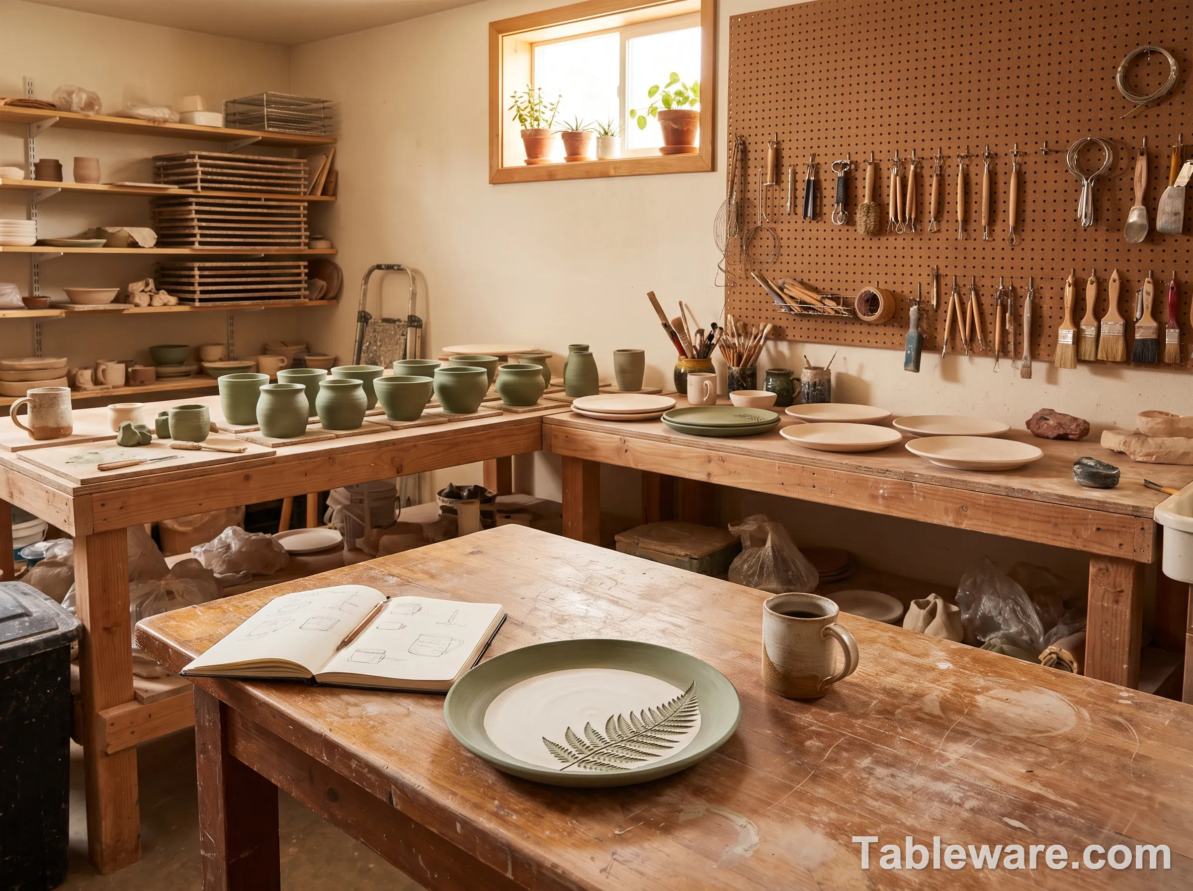 A community pottery studio with wooden tables, drying racks of greenware, a pegboard wall of carving tools, and a half-finished sgraffito plate in progress on the closest table