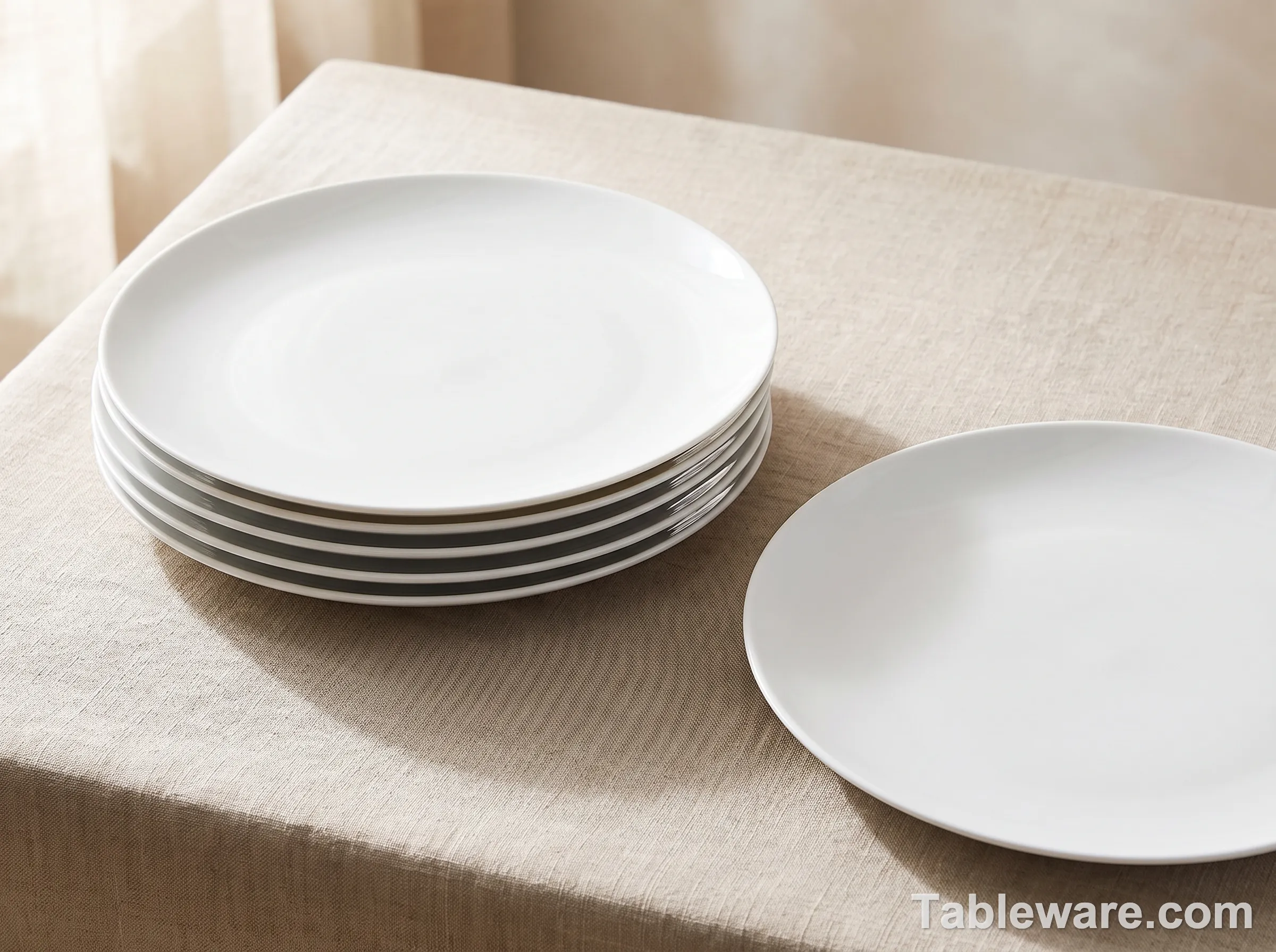 Four Amazon Basics 10.5-inch dinner plates stacked on top of each other on a neutral linen surface, showing the coupe profile and polished foot.