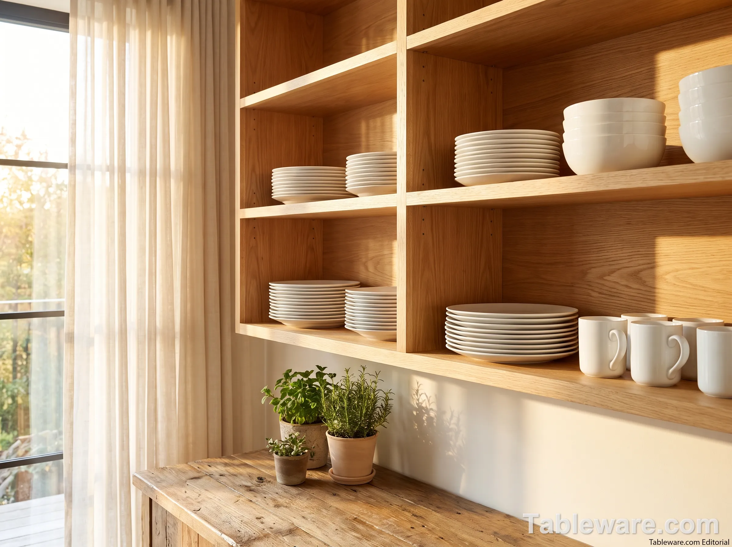 Plain white commercial restaurant supply dinnerware plates and mugs neatly arranged on open oak kitchen shelving in a home