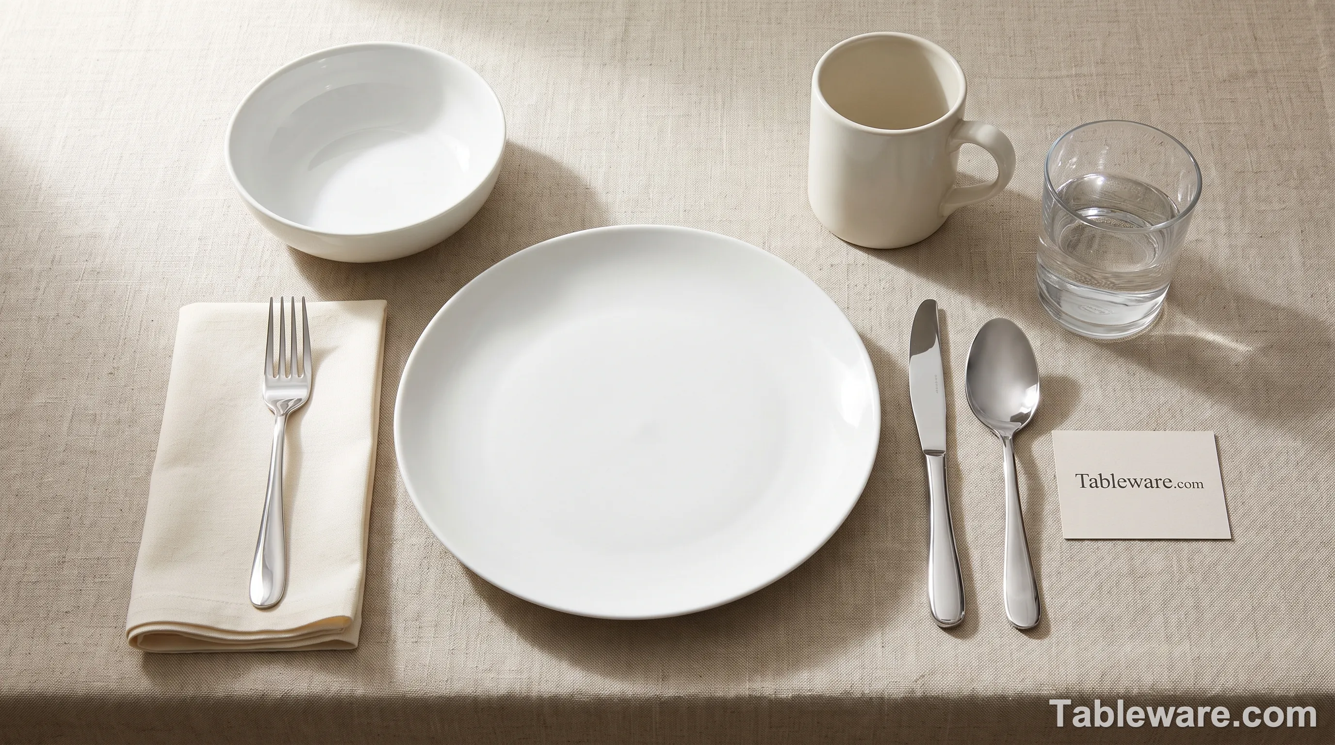 Top-down view of a fully set table with plain white commercial restaurant supply dinnerware, proper flatware placement, and a ceramic mug