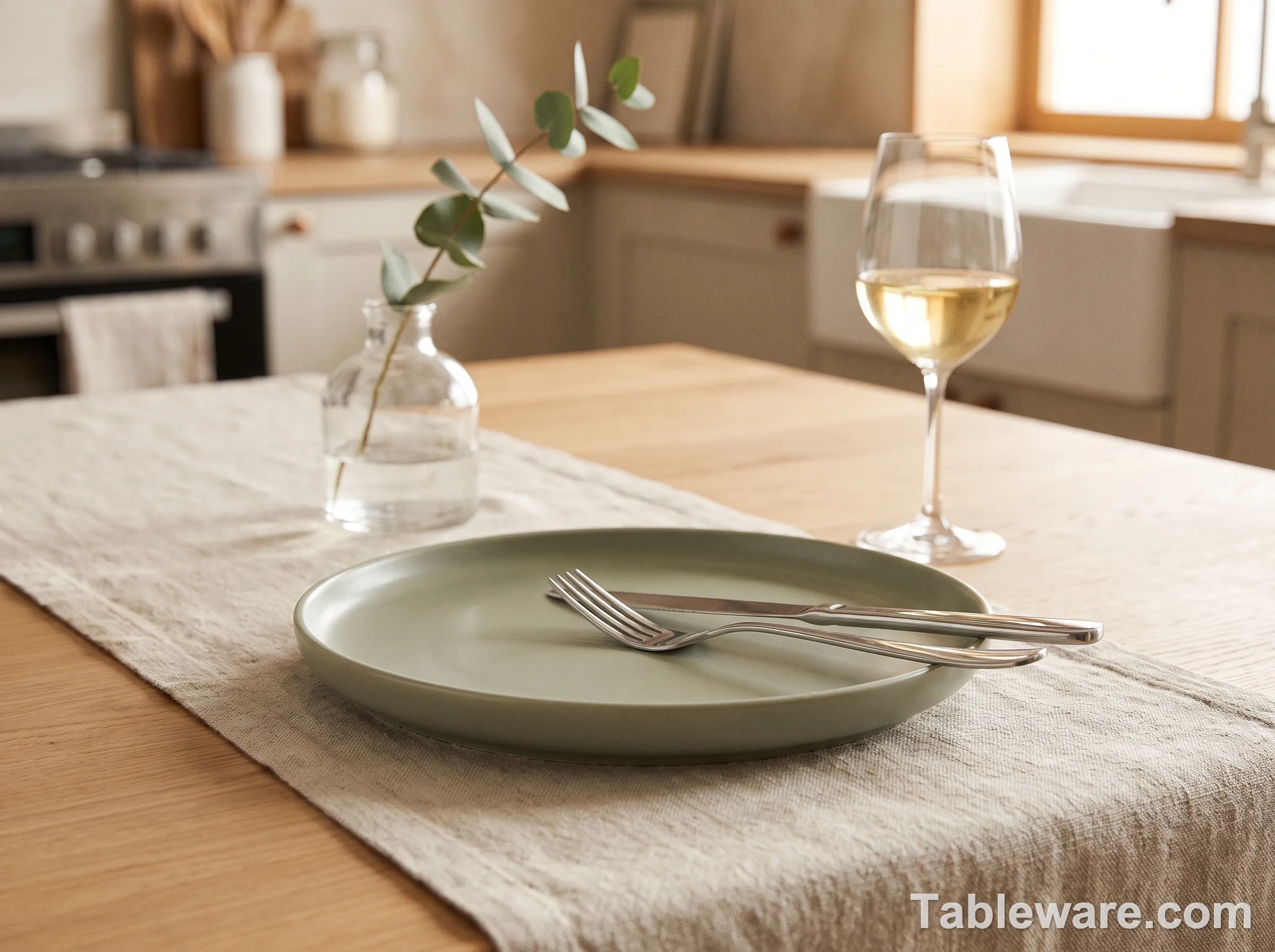 A single Elama matte sage-green coupe dinner plate styled on a linen runner with flatware, eucalyptus, and white wine.