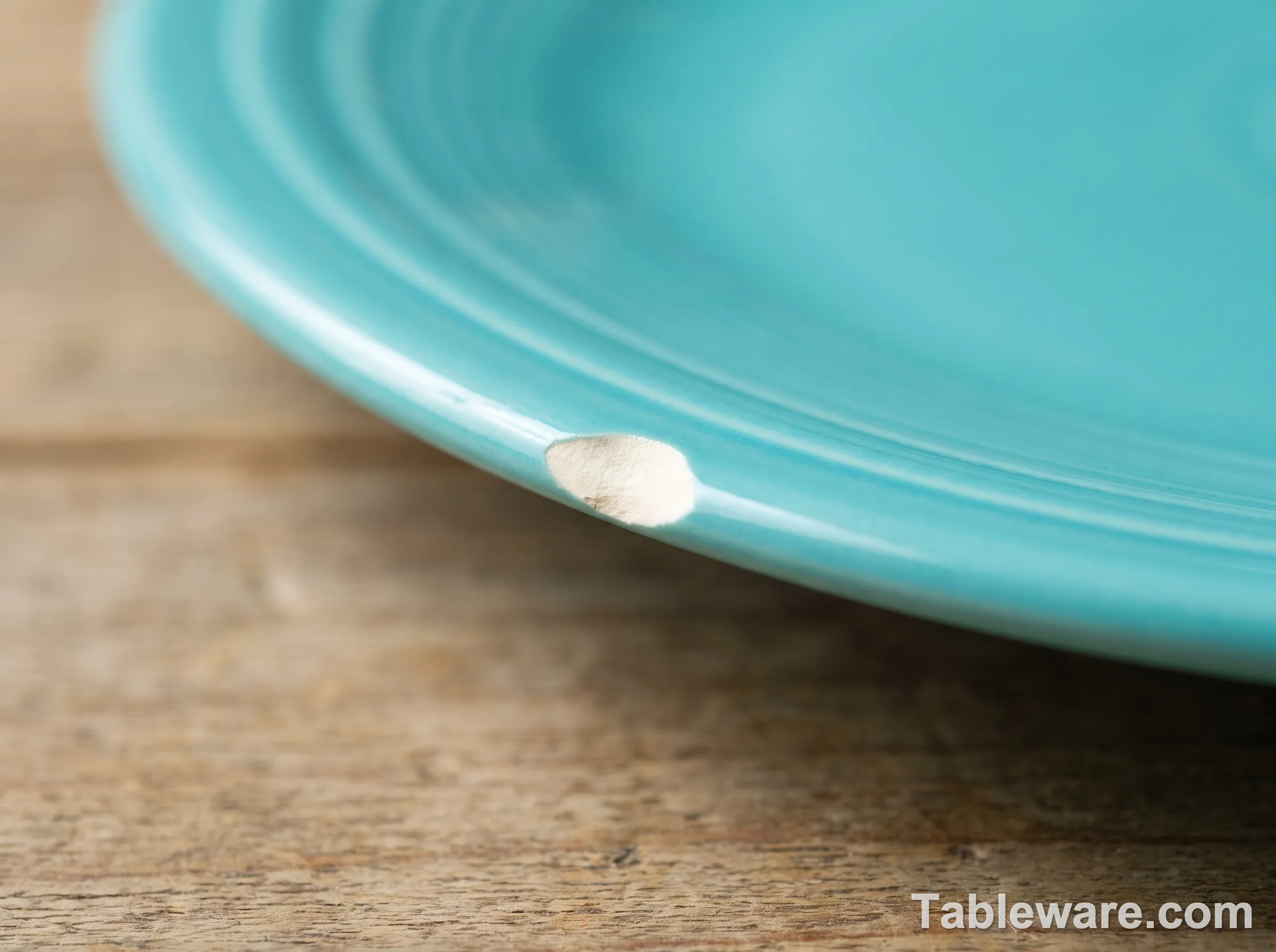 Close-up of a chipped Fiestaware plate edge showing cream clay body under turquoise glaze