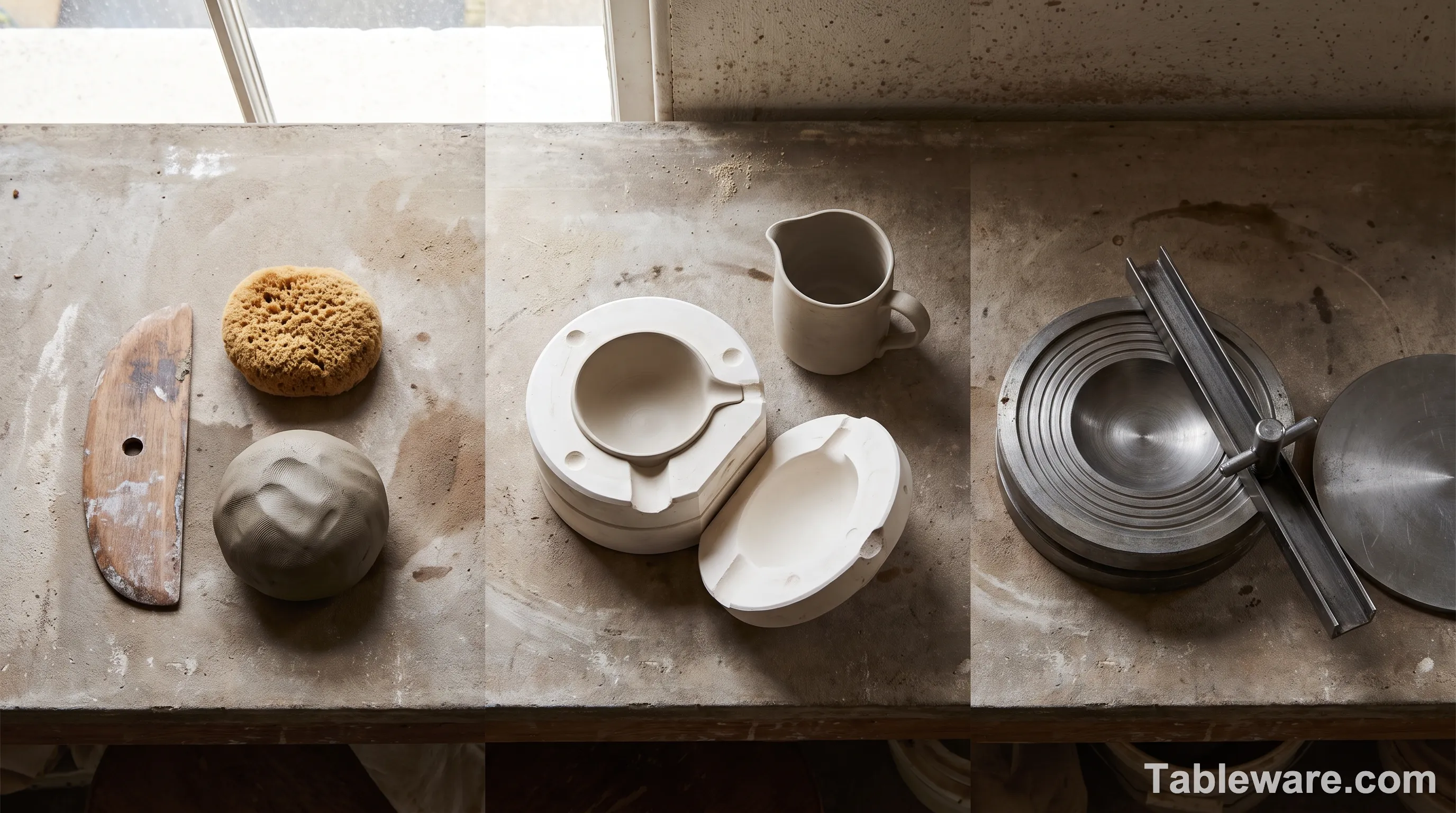 Three ceramic forming methods shown side by side