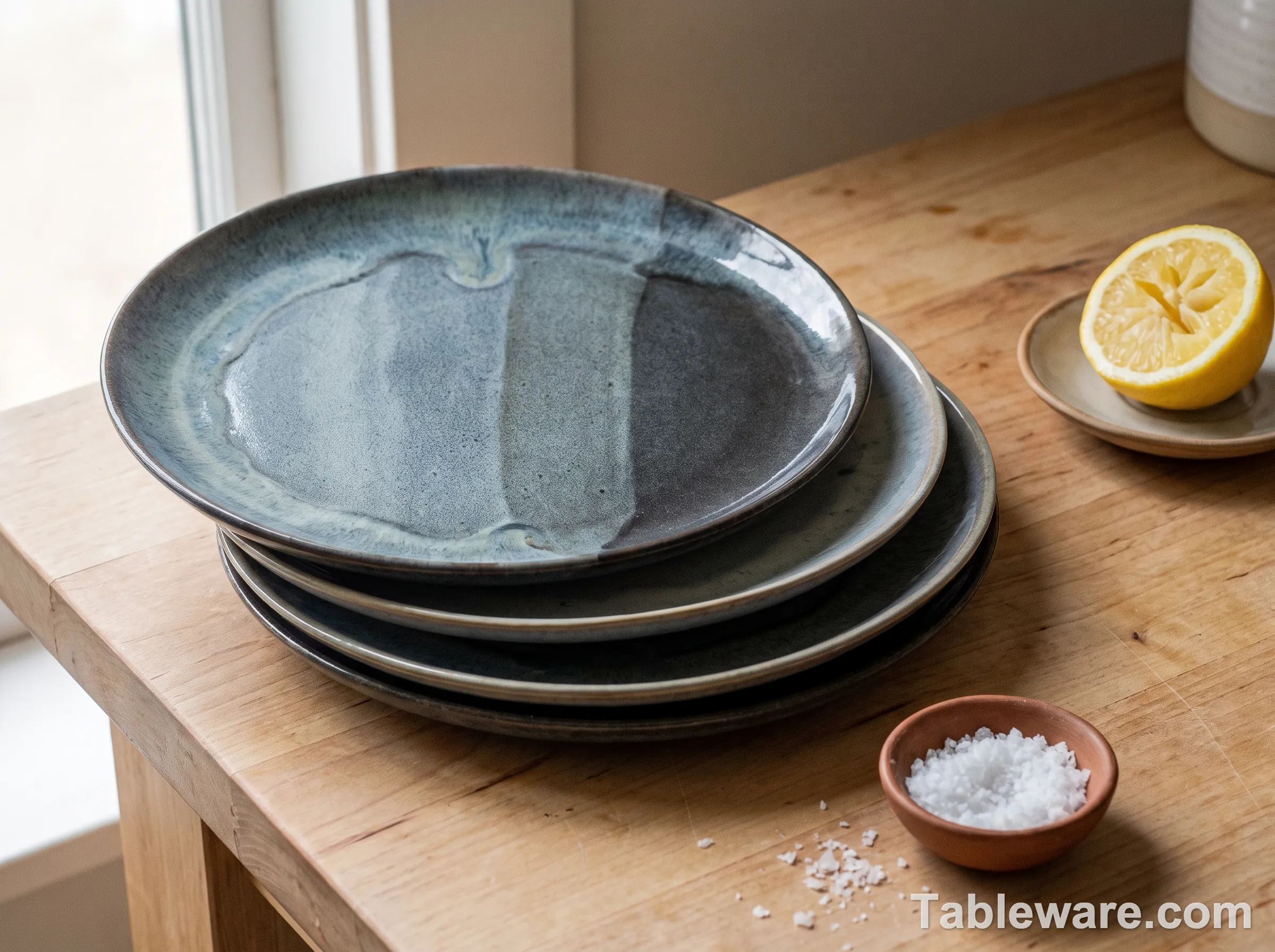 Four Gibson Soho reactive-glaze stoneware plates stacked at an angle, showing the variegated blue-grey color and tonal variation.