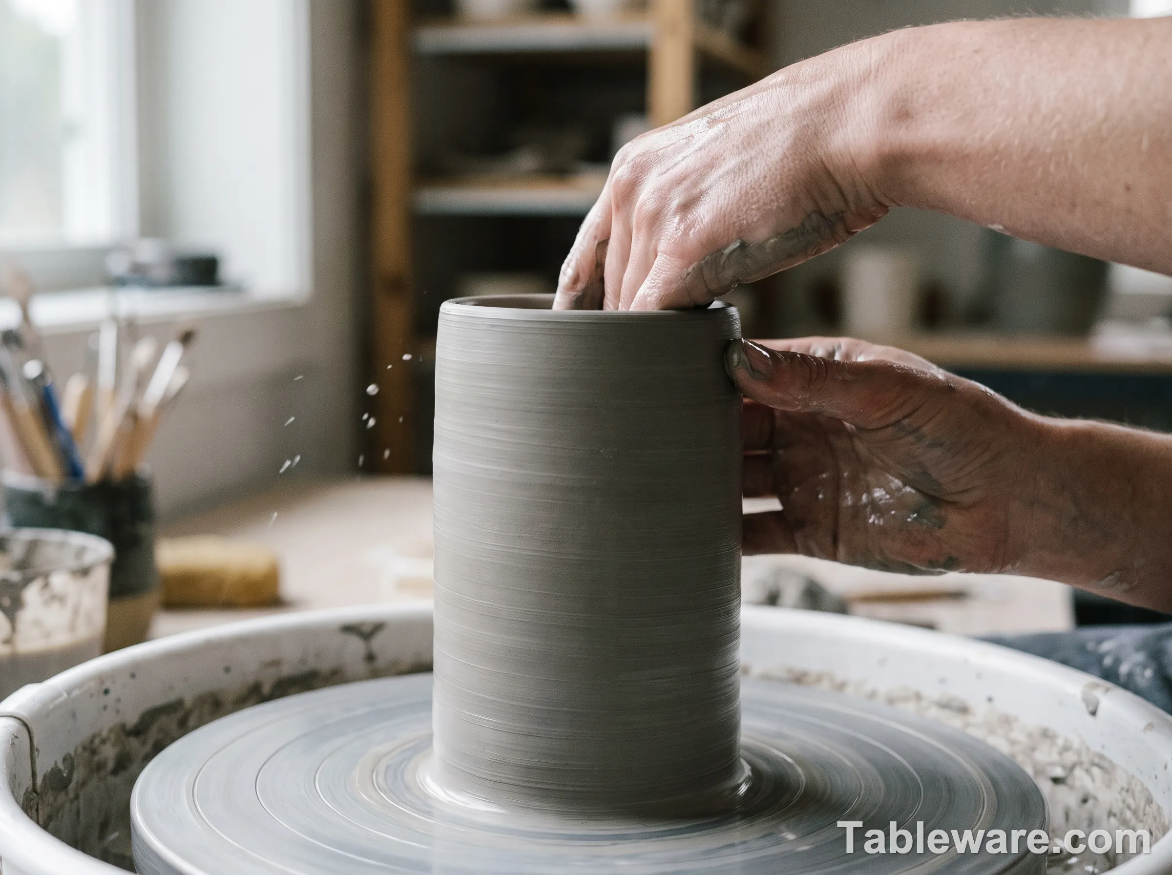 Potter's hands shaping clay on a spinning wheel
