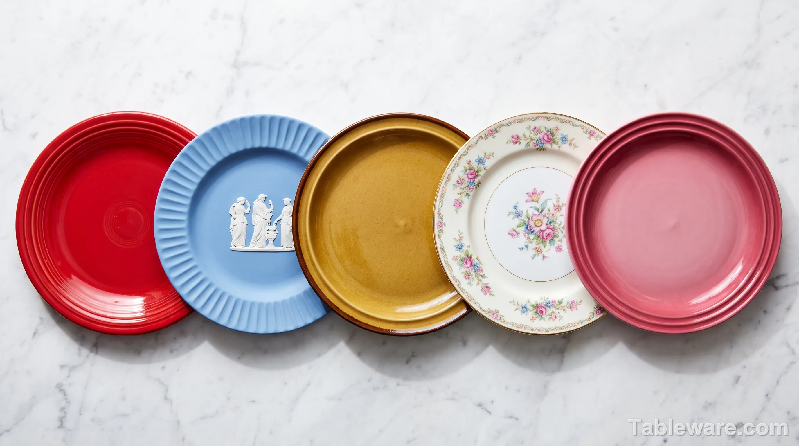heritage dinnerware brands side by side: Fiestaware, Le Creuset, Wedgwood, Denby, Noritake