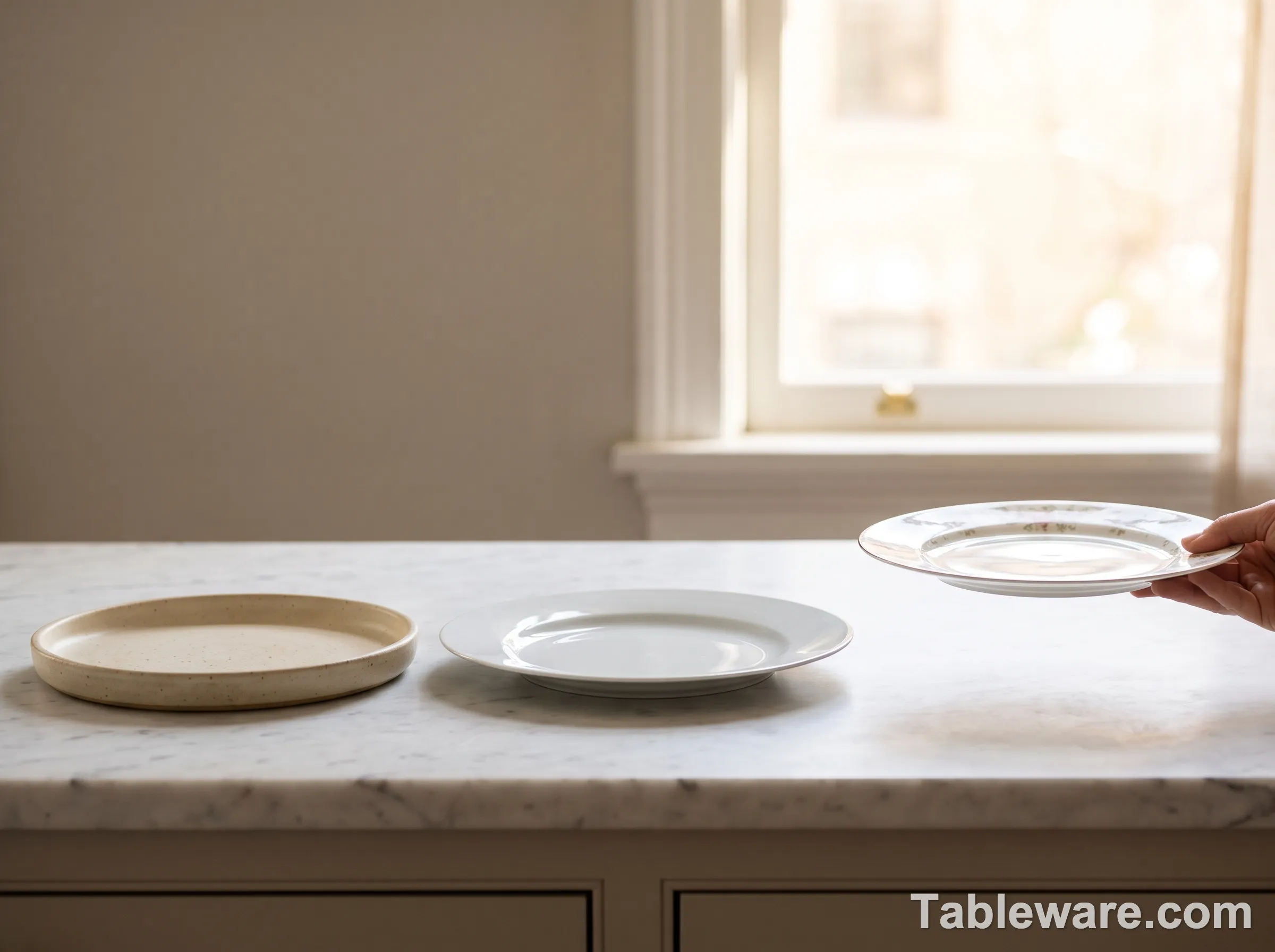 Three different dinner plates lined up on a marble counter: a thick stoneware plate on the left, a standard porcelain plate in the middle, and a translucent bone china plate on the right held up to natural light.