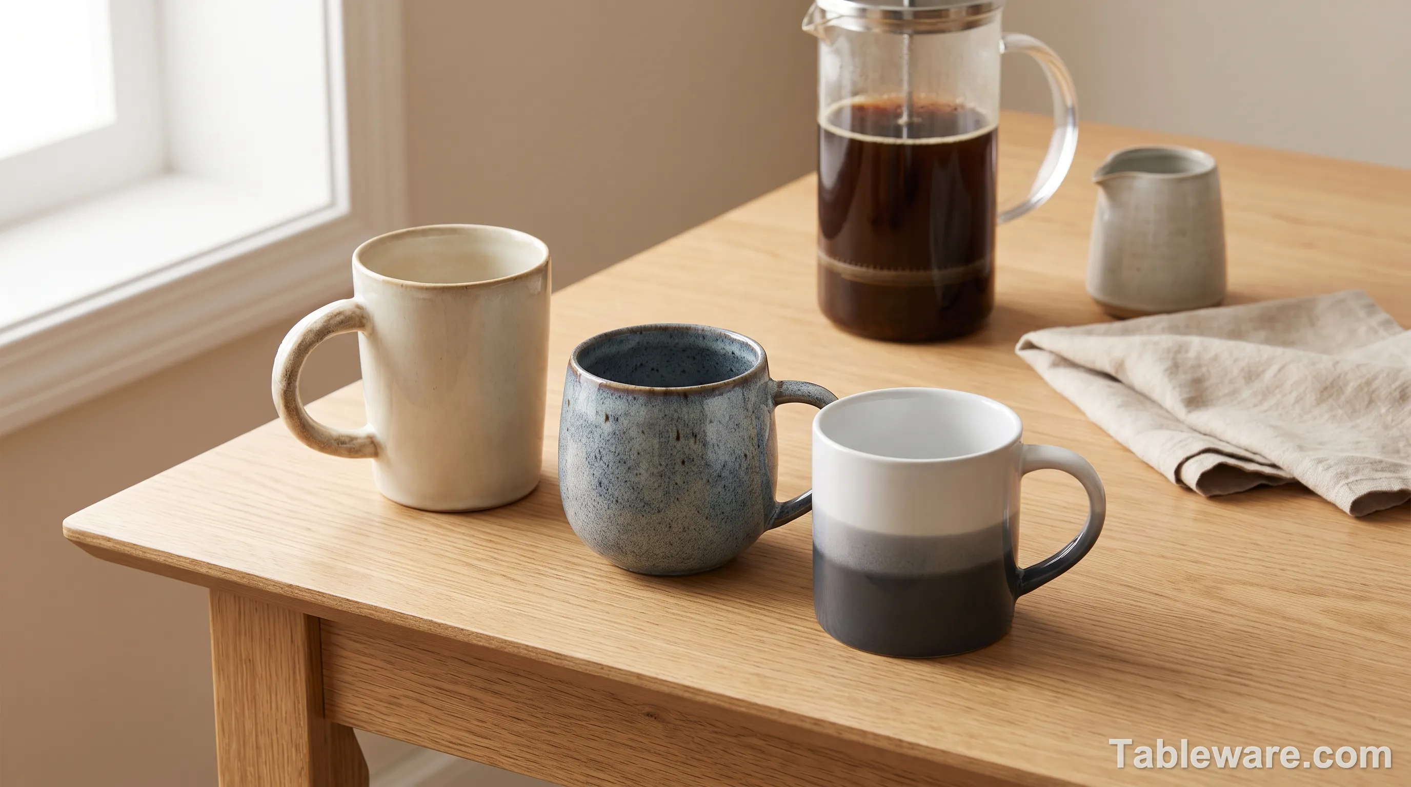 Three stoneware coffee mugs lined up for size comparison: chunky cream Stone Lain, shorter wider blue Gibson, white-charcoal Elama.