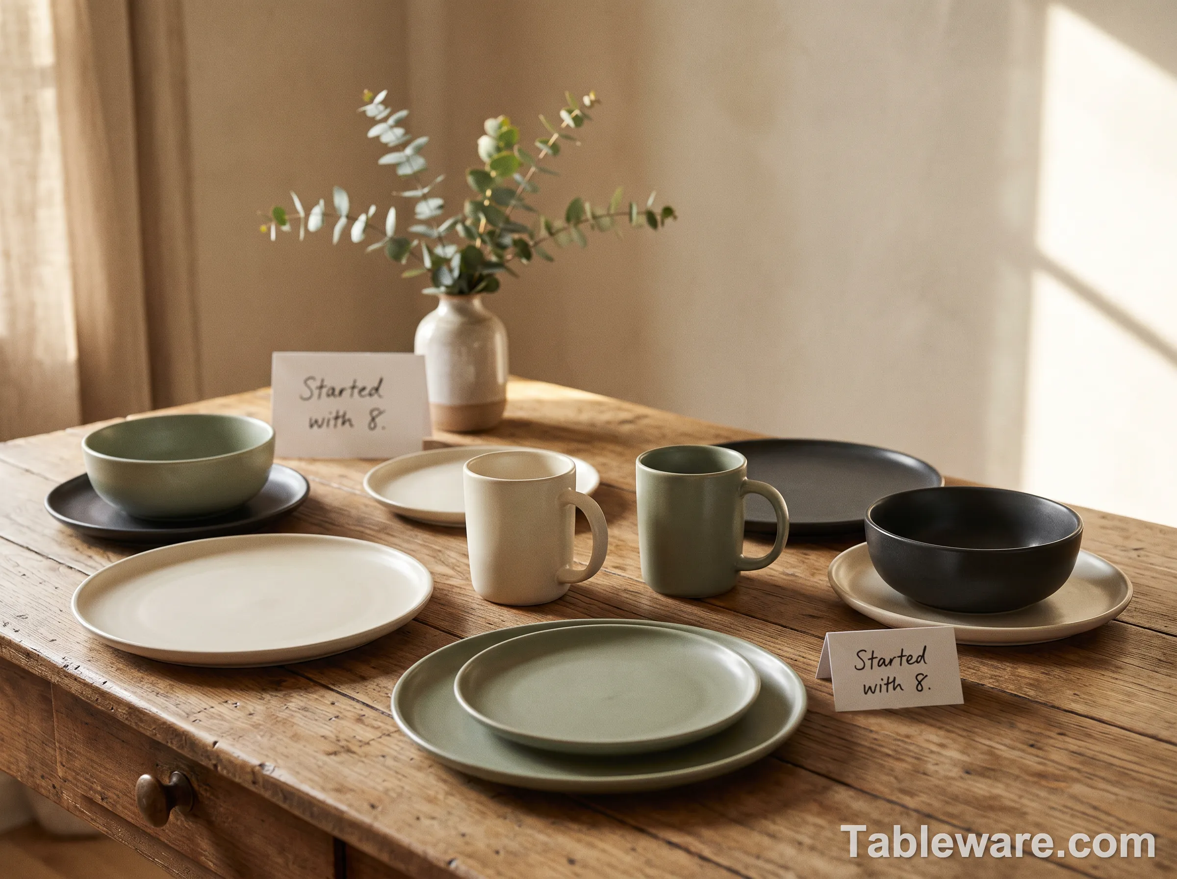 A small gradually-built dinnerware set of mixed stoneware tones on a wooden table with a small eucalyptus vase and a handwritten note that reads Started with 8