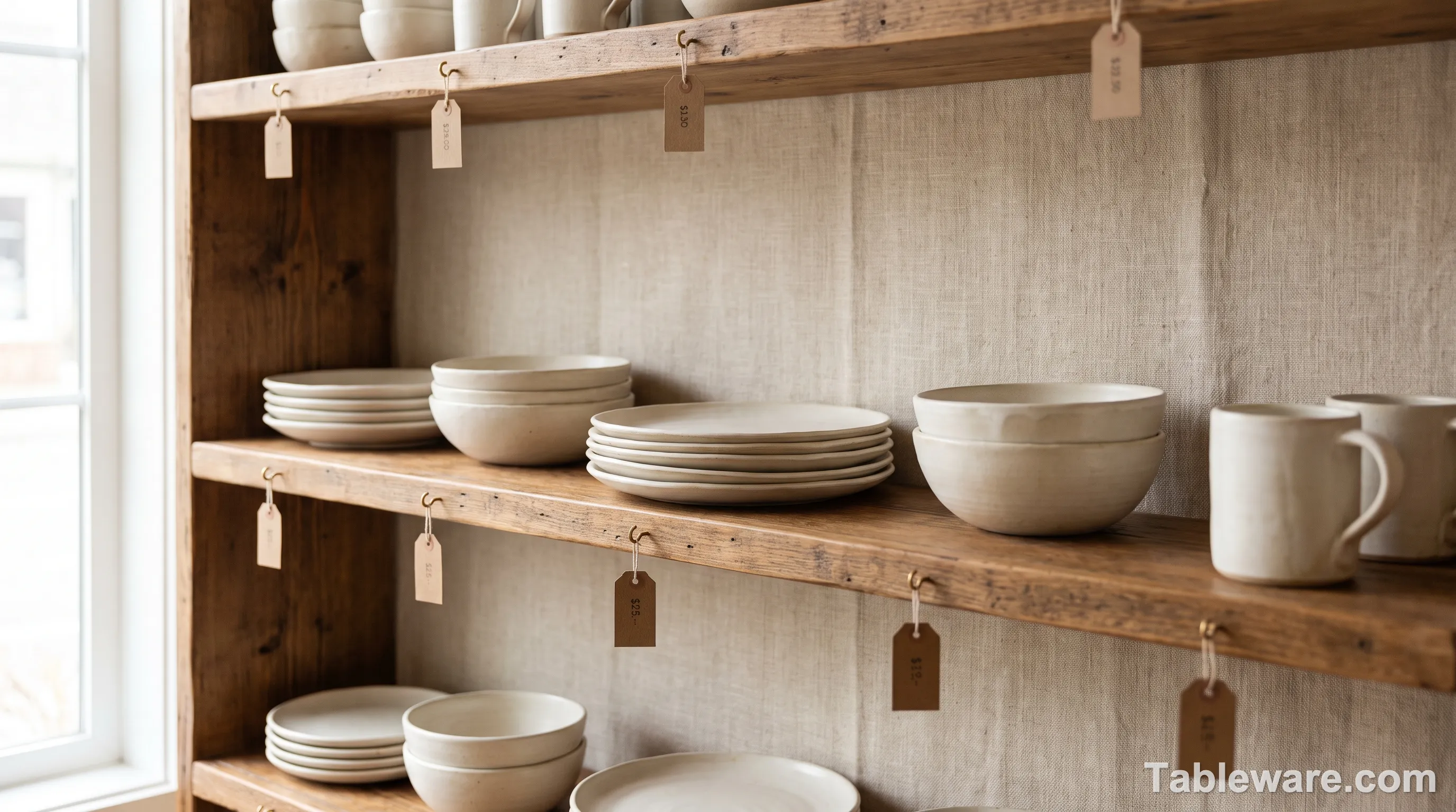Open stock dinnerware display in a home goods store with individual plates, bowls and mugs on warm wooden shelves, each piece tagged separately