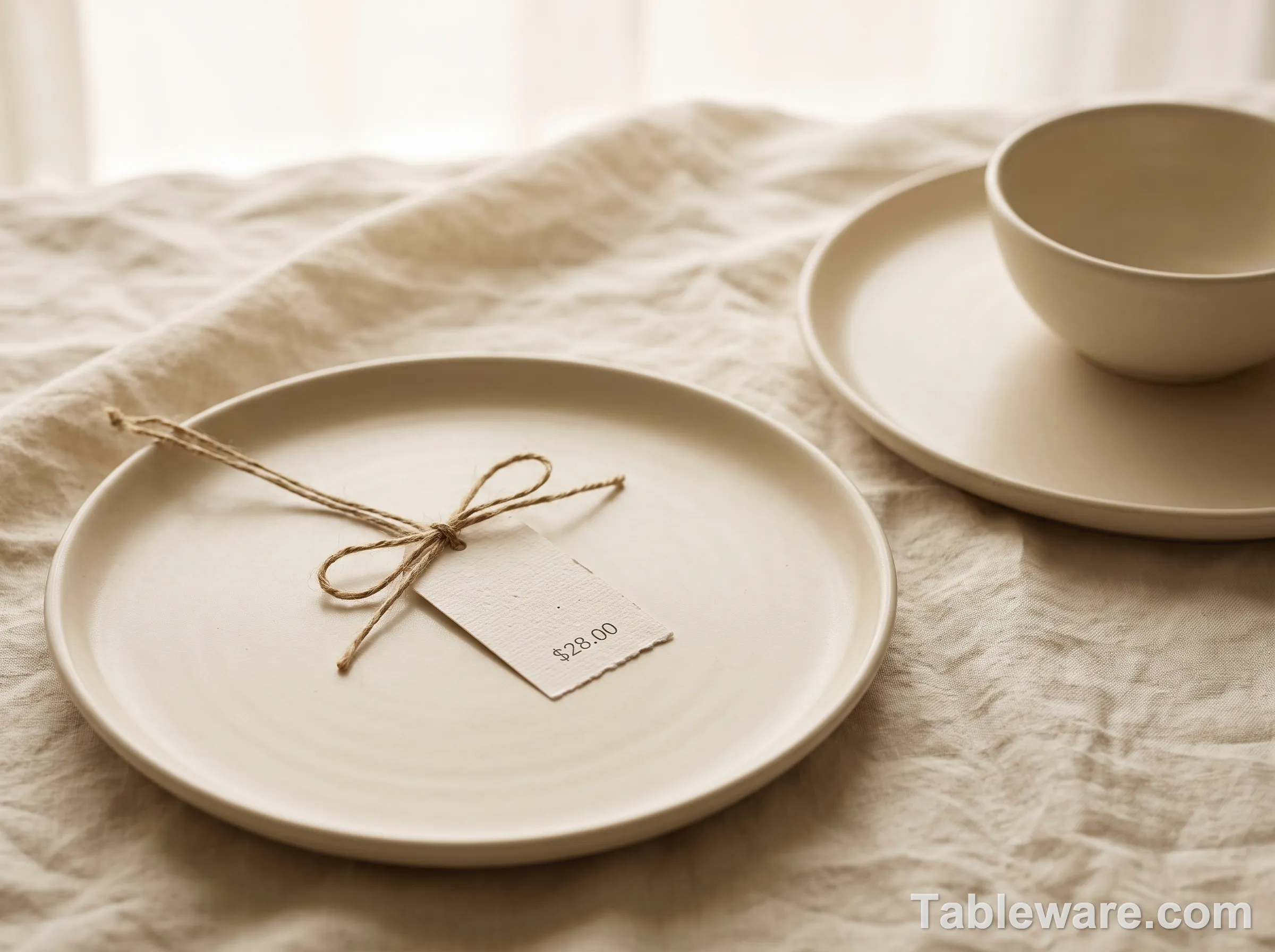 Close-up of a single stoneware dinner plate in matte cream with a few matching replacement pieces and small price tags