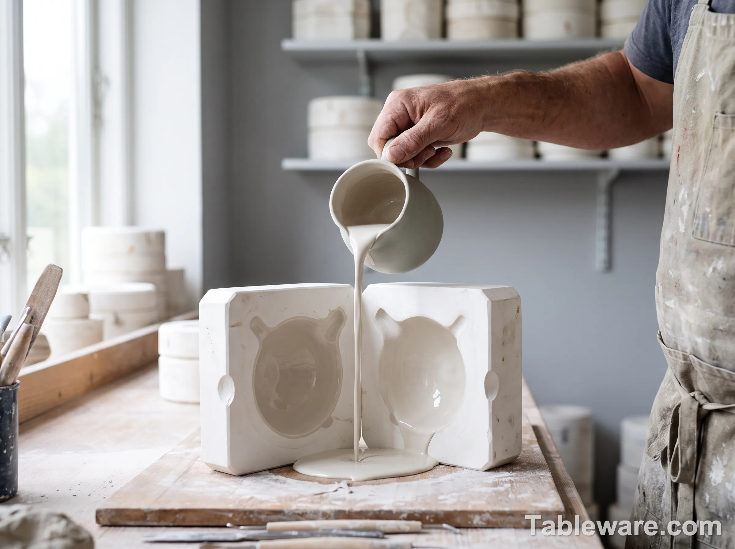 A multi-part plaster mold being filled with porcelain slip