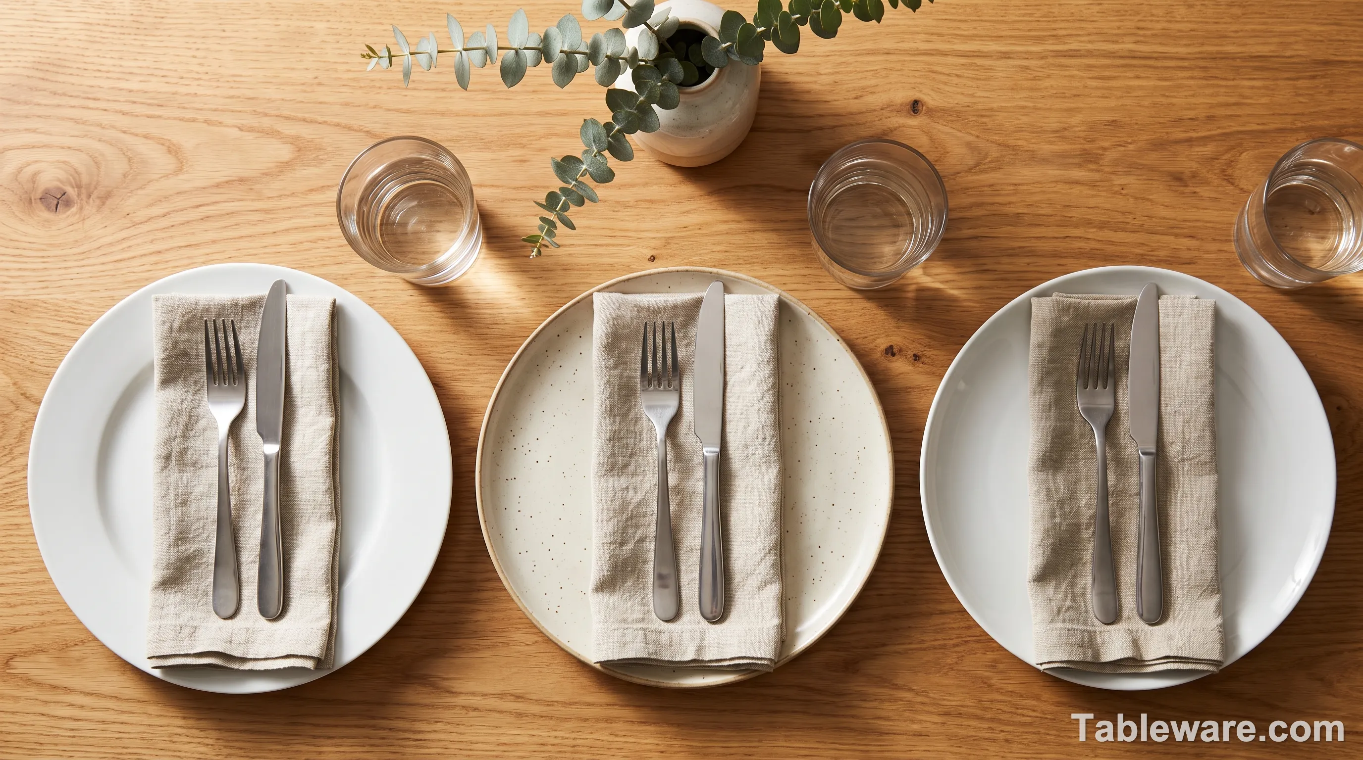 A simple weekday dinner table set with one plate from each brand, a glass of water, and a linen napkin. The differences in plate weight, rim, and white are visible at a glance.