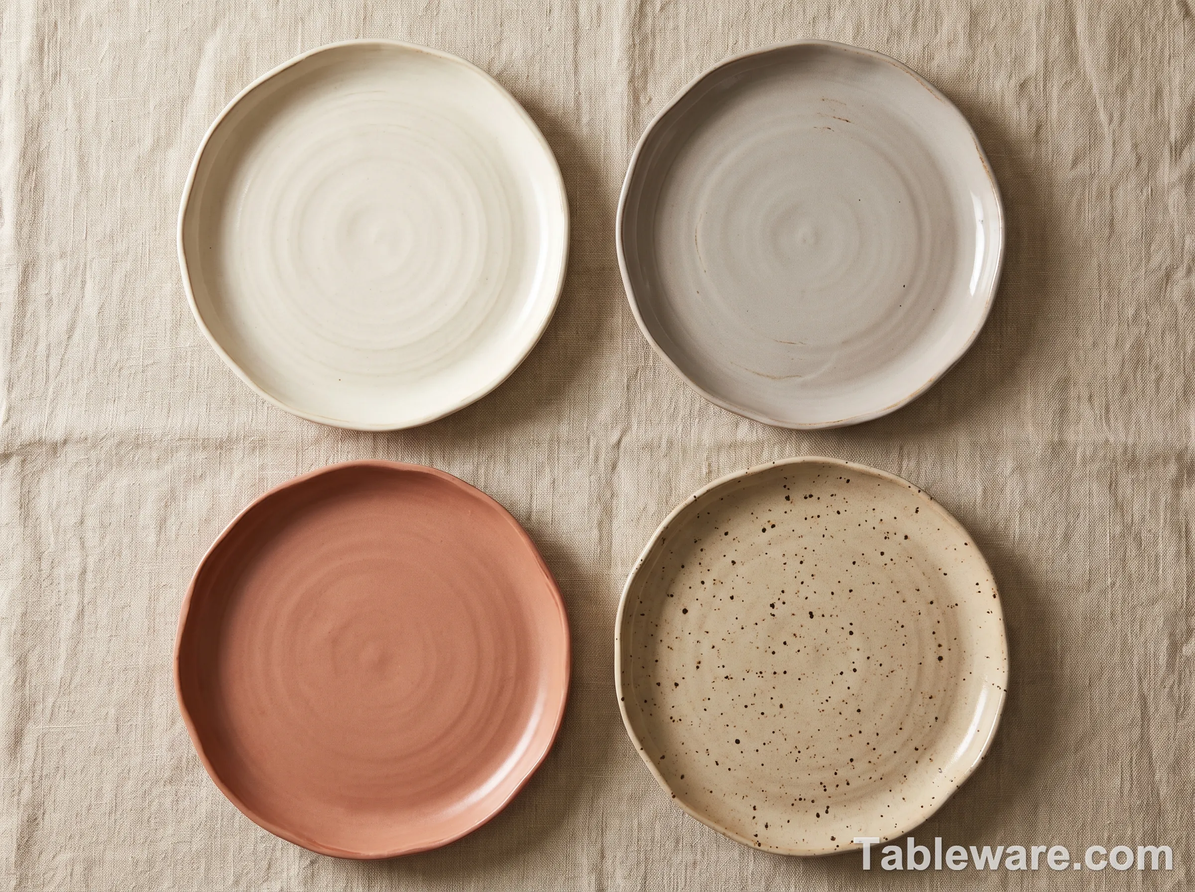 Four dinner plates arranged in a 2x2 grid on a neutral surface: East Fork, Heath Ceramics, Jono Pandolfi, and Fiestaware, each in a different muted glaze